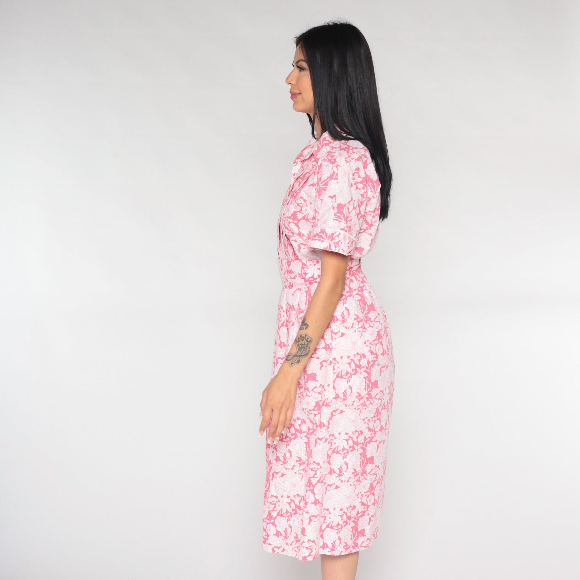 90s Floral Midi Dress Pink White Button-Up Short Sleeve Medium 8