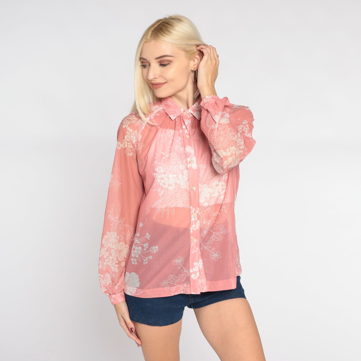 70s Sheer Pink Floral Button-Up Blouse Long Sleeve Collar Medium M