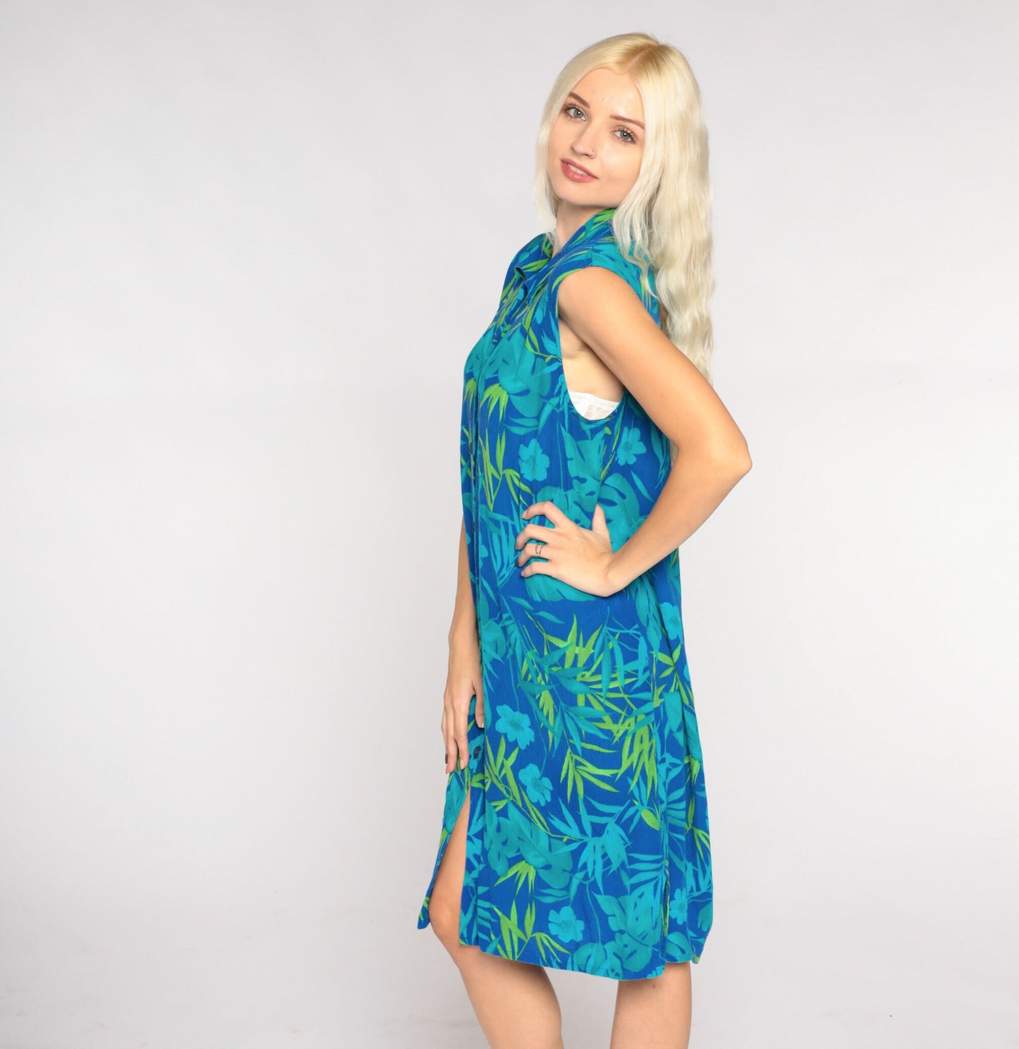 00s Blue Tropical Floral Mini Shirtdress Sleeveless Button Up Large 12
