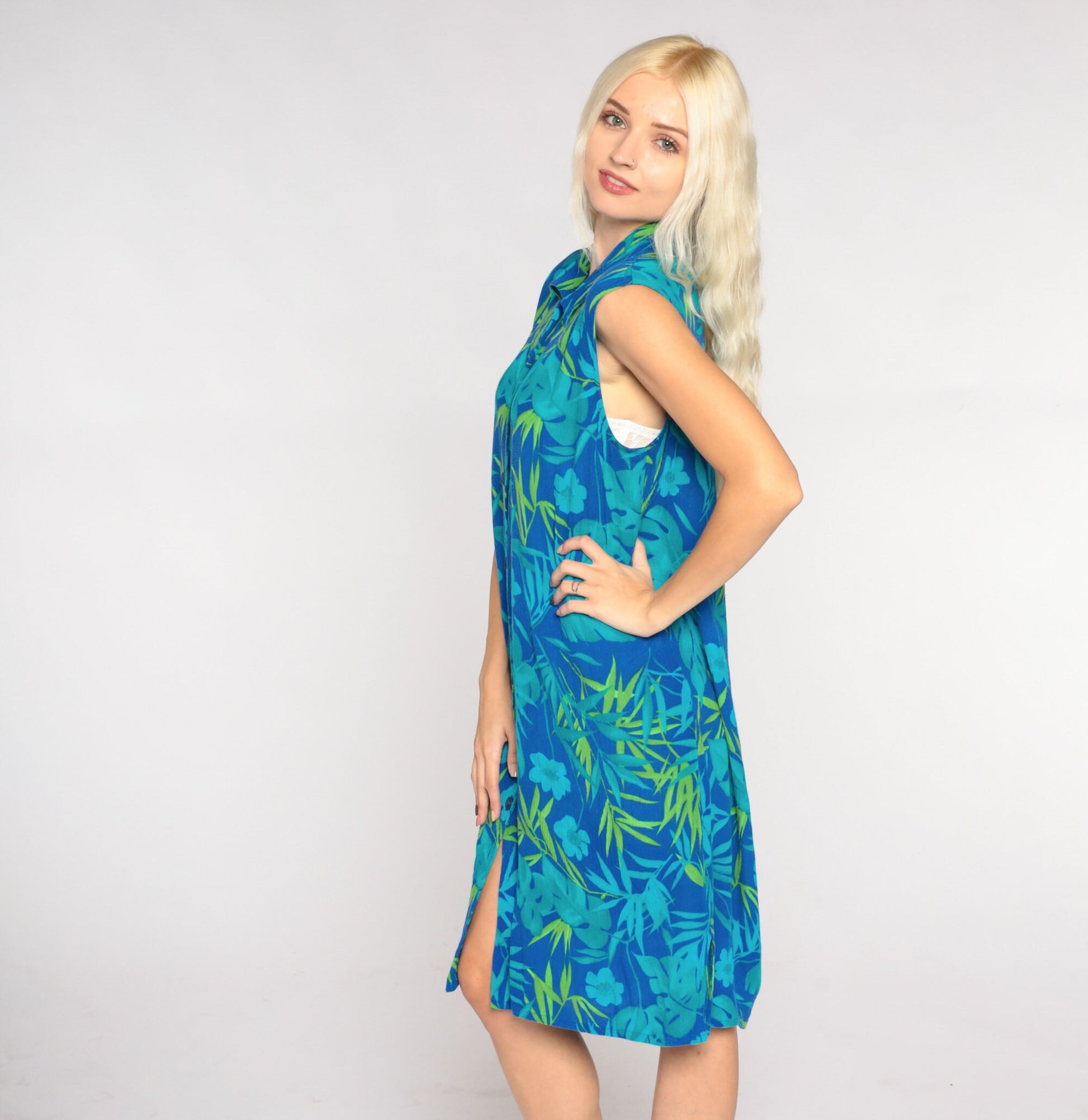 00s Blue Tropical Floral Mini Shirtdress Sleeveless Button Up Large 12