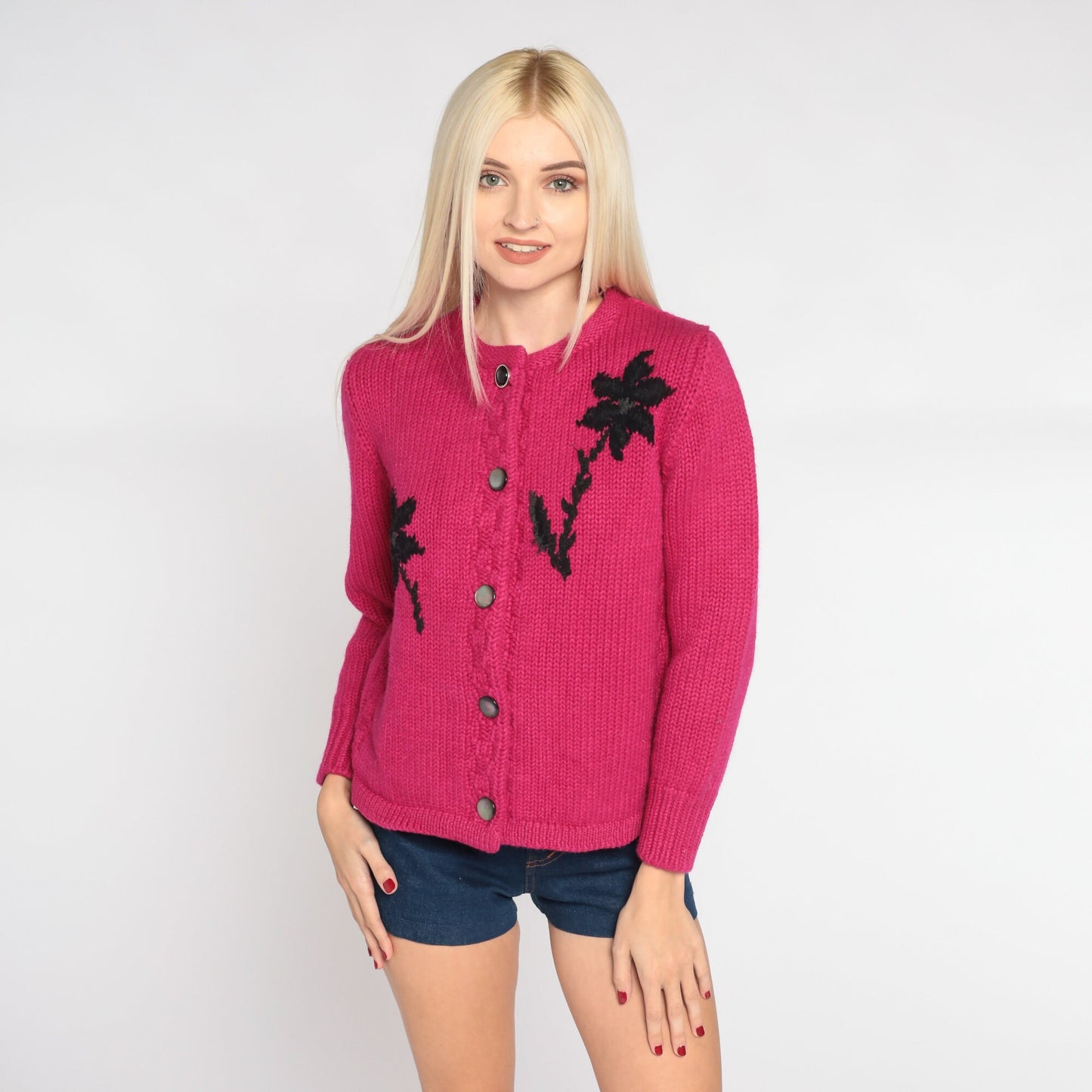 60s Floral Wool Cardigan Magenta Black Flower Print Button-Up Knit Extra Small
