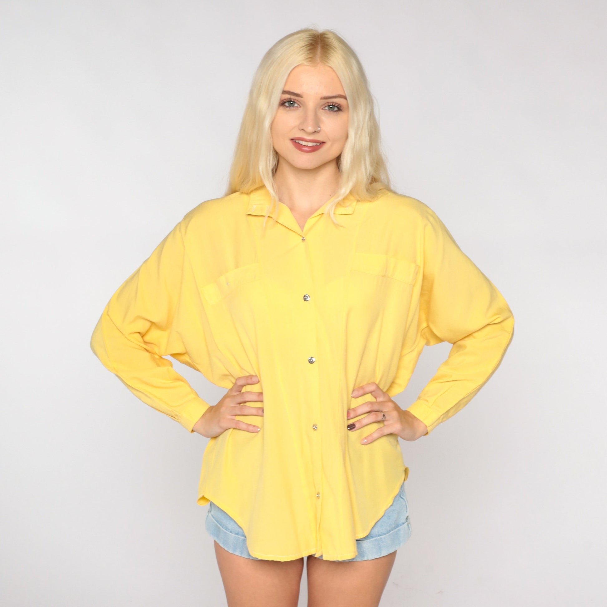 90s Yellow Button-Up Blouse Long Sleeve Collared Shirt Large L