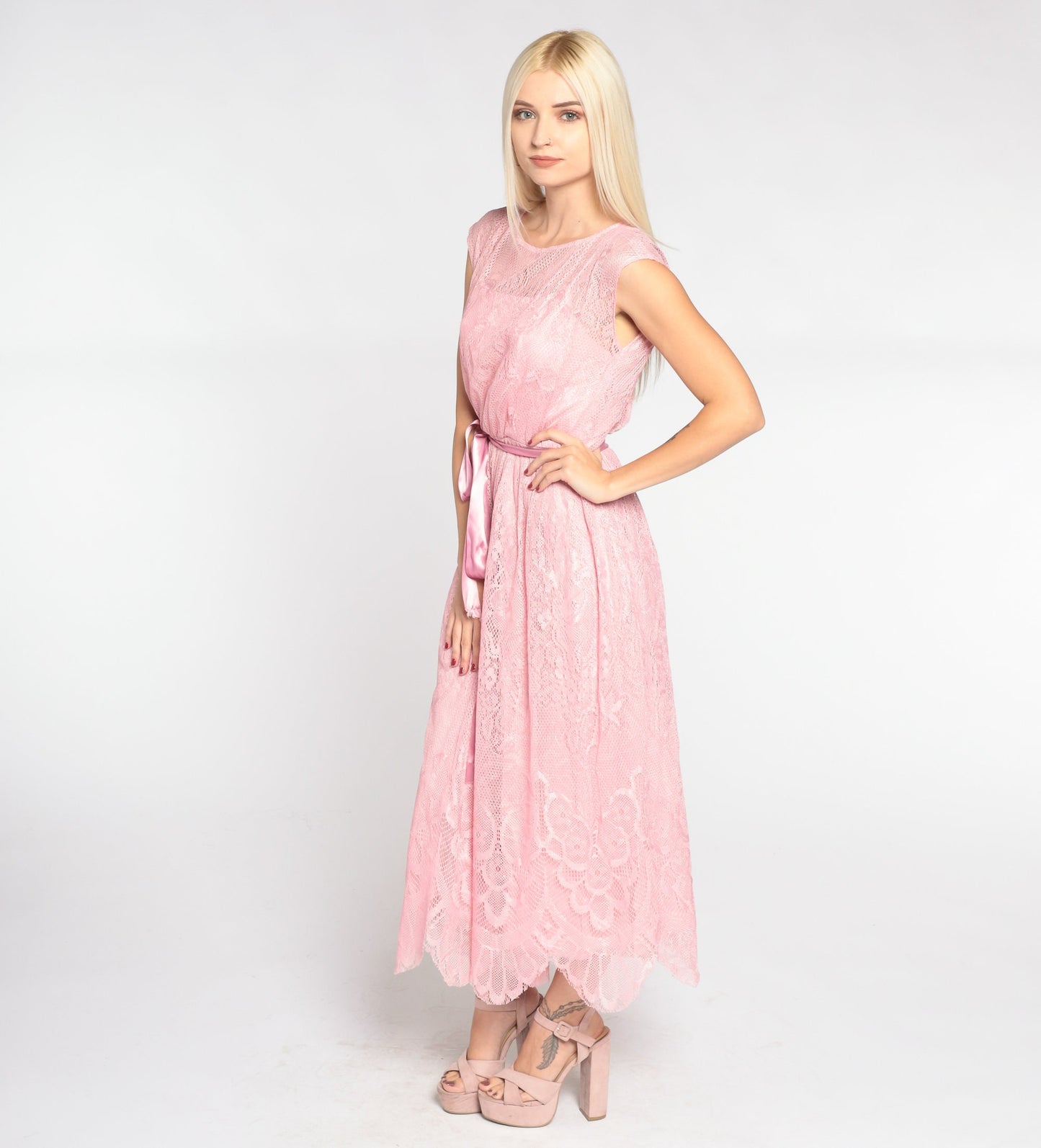 70s Pink Lace Midi Dress Cap Sleeve High Waist Ribbon Bow Scalloped Extra Small