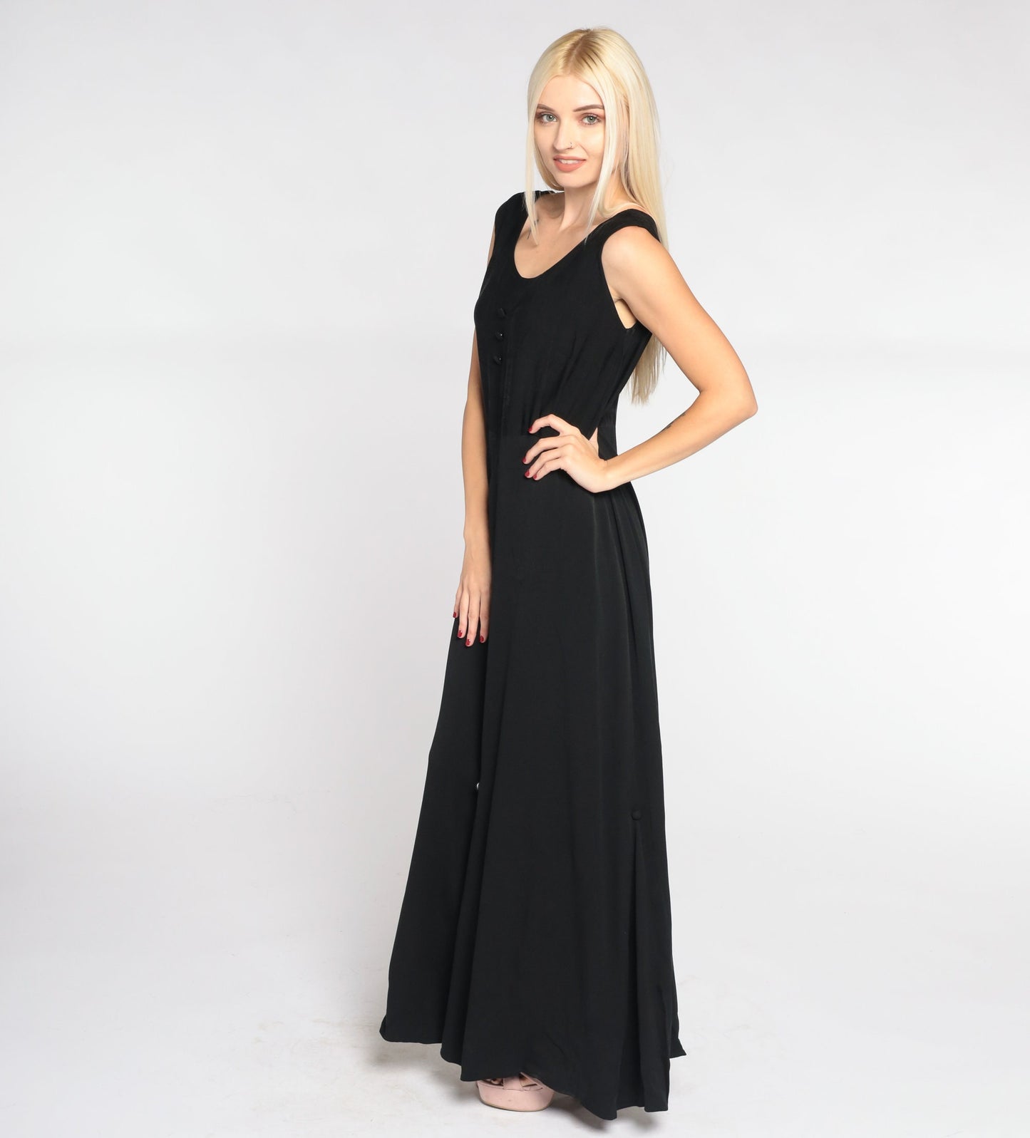 90s Black Maxi Dress Sleeveless High Waist Decorative Buttons Small