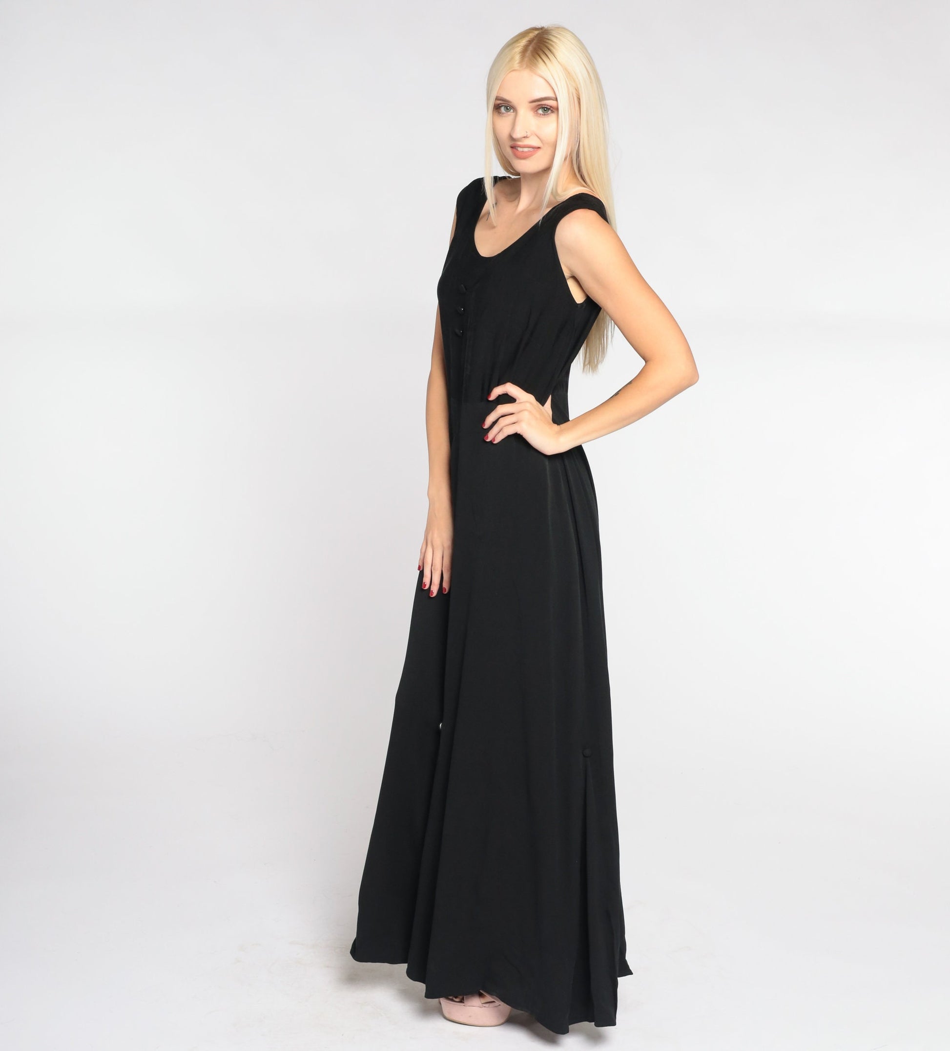 90s Black Maxi Dress Sleeveless High Waist Decorative Buttons Small