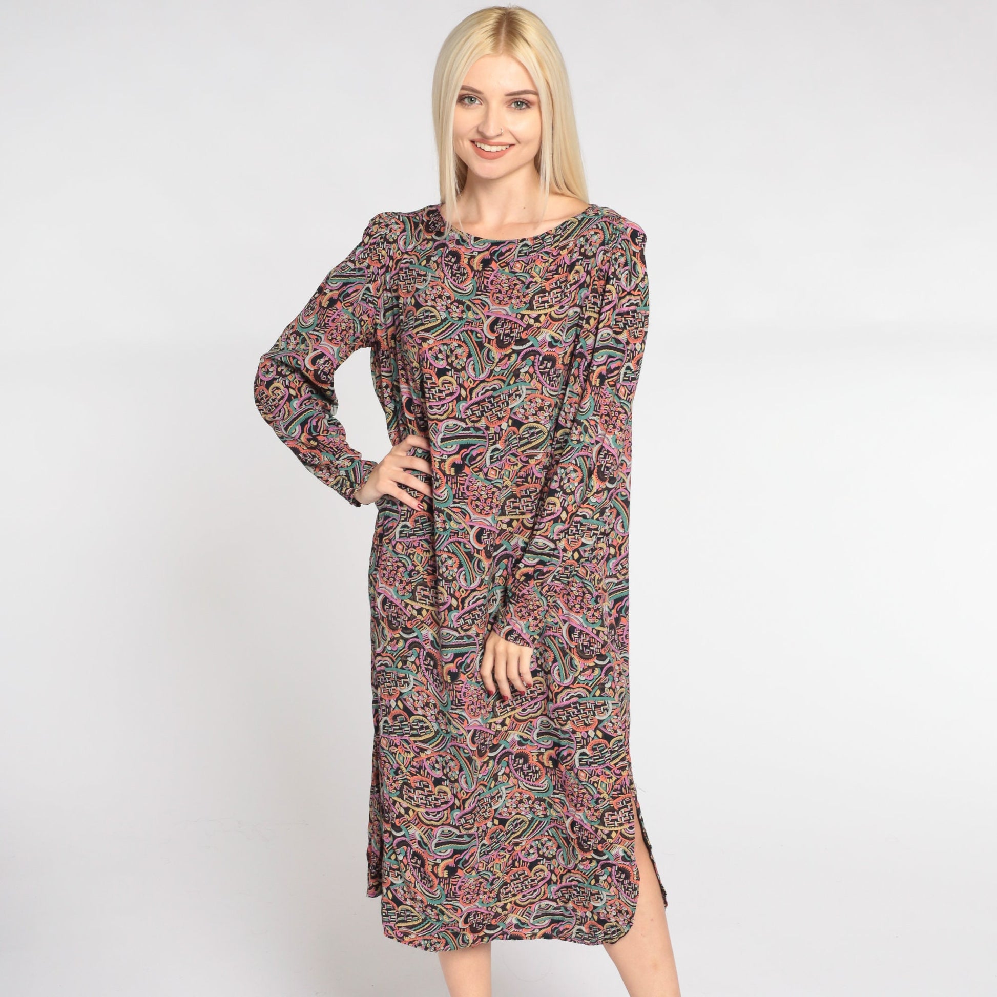 80s Abstract Cloud Print Midi Dress Black Puff Sleeve Shift Medium M