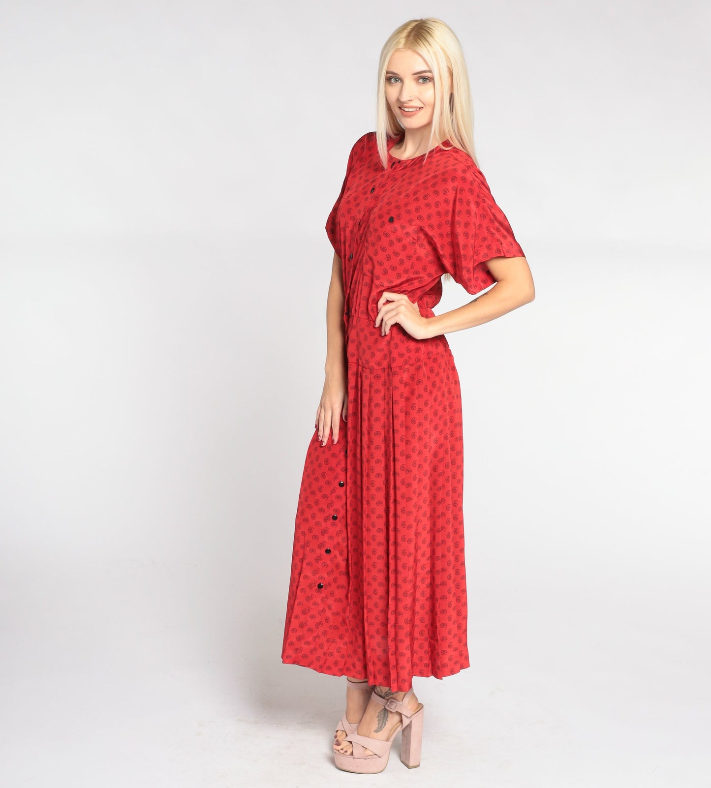 90s Liz Claiborne Red Paisley Dot Midi Shirt Dress Pleated Button-Up Medium 8