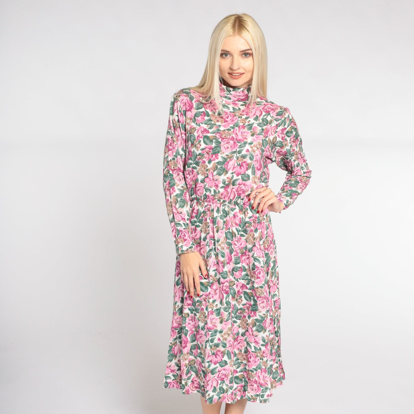 90s Floral Midi Dress White Mock Neck Long Sleeve High Waist Medium 8