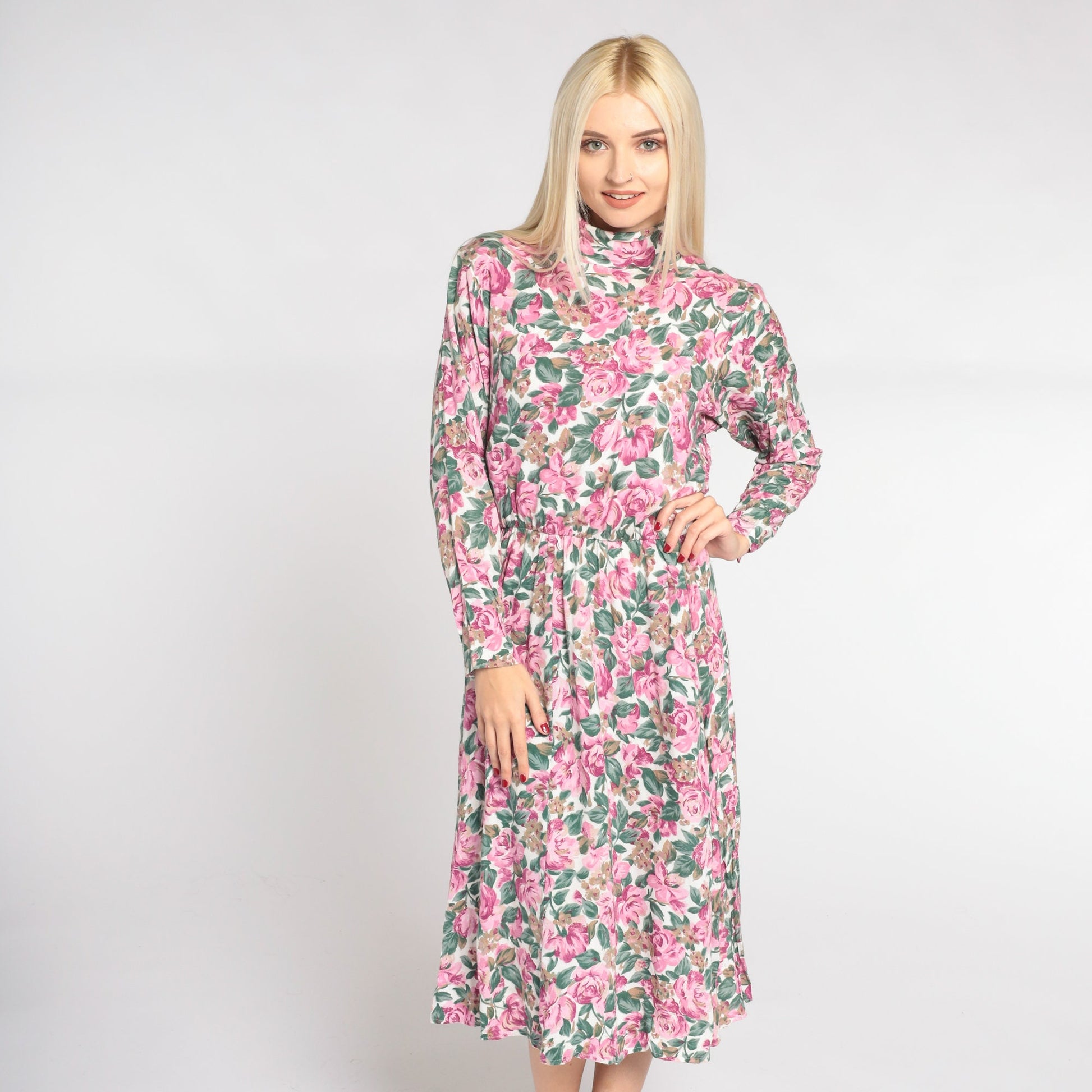 90s Floral Midi Dress White Mock Neck Long Sleeve High Waist Medium 8