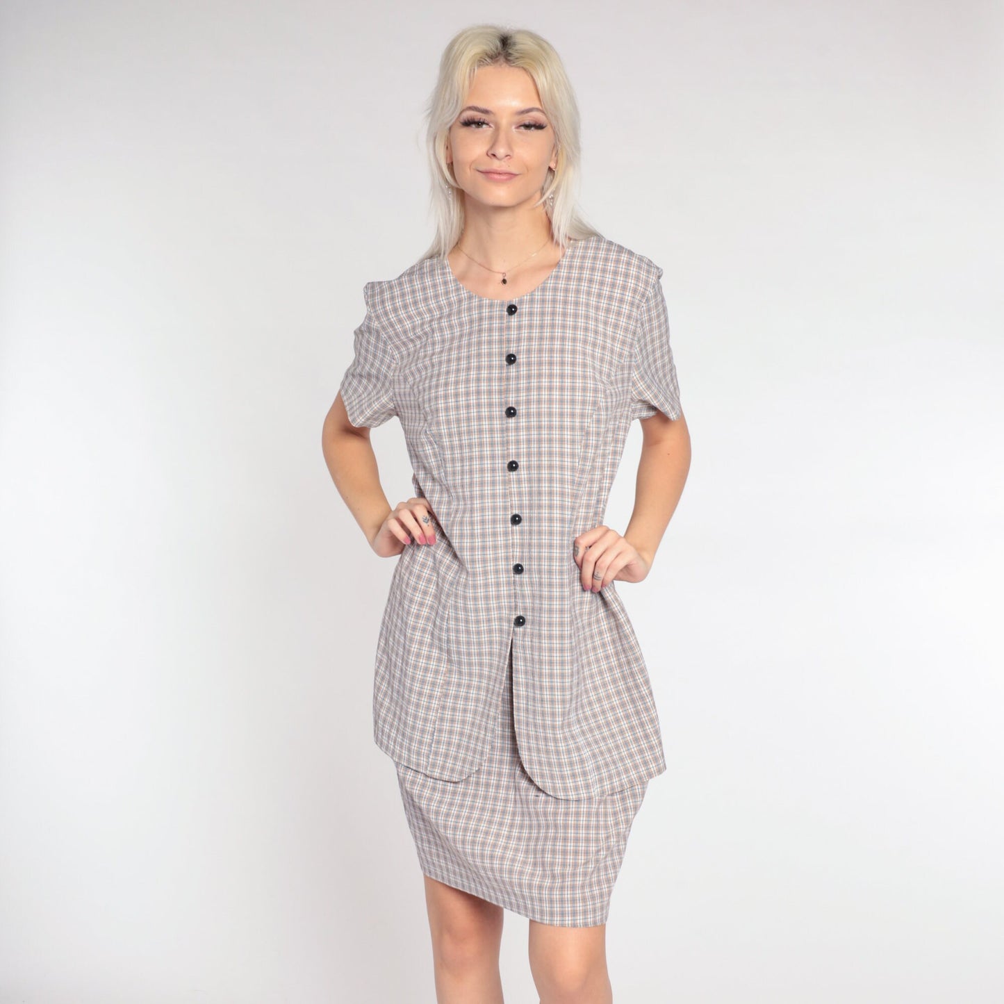 90s Plaid Mini Dress White Tan Checkered Button-Up Shift Short Sleeve Large
