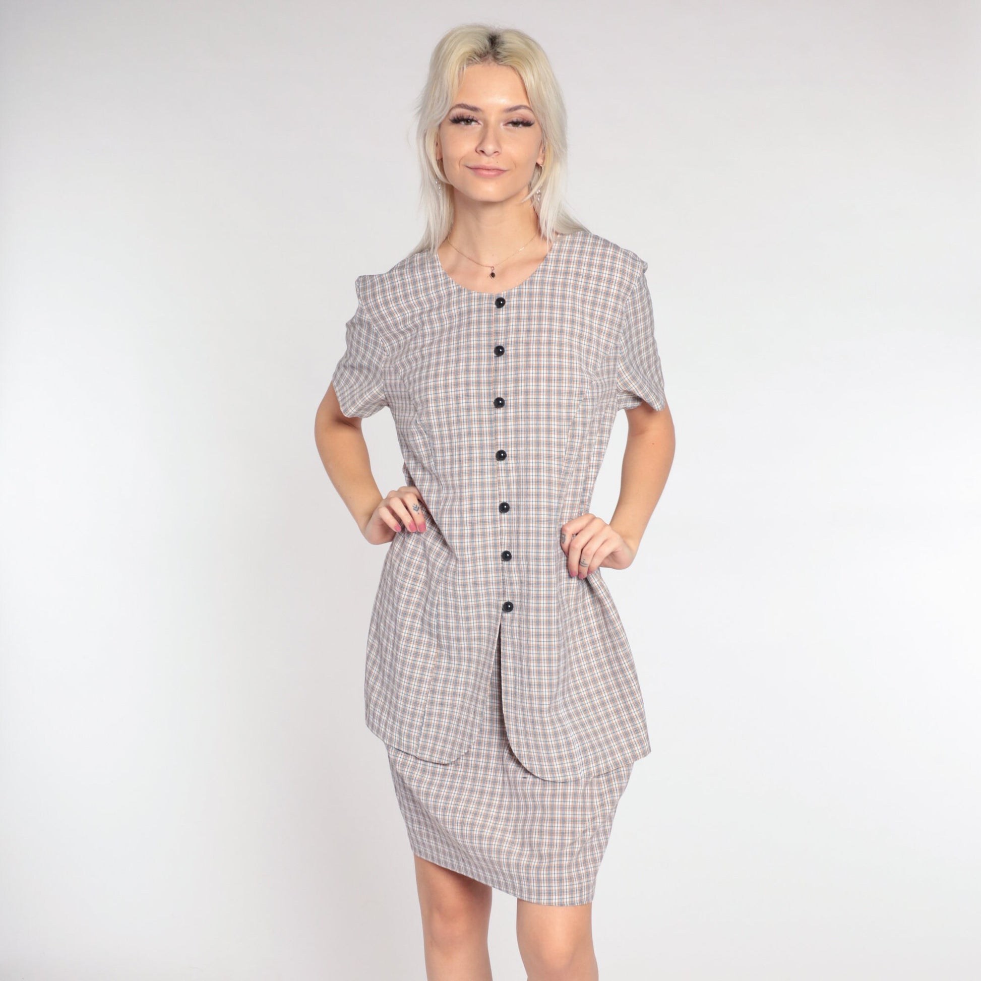 90s Plaid Mini Dress White Tan Checkered Button-Up Shift Short Sleeve Large