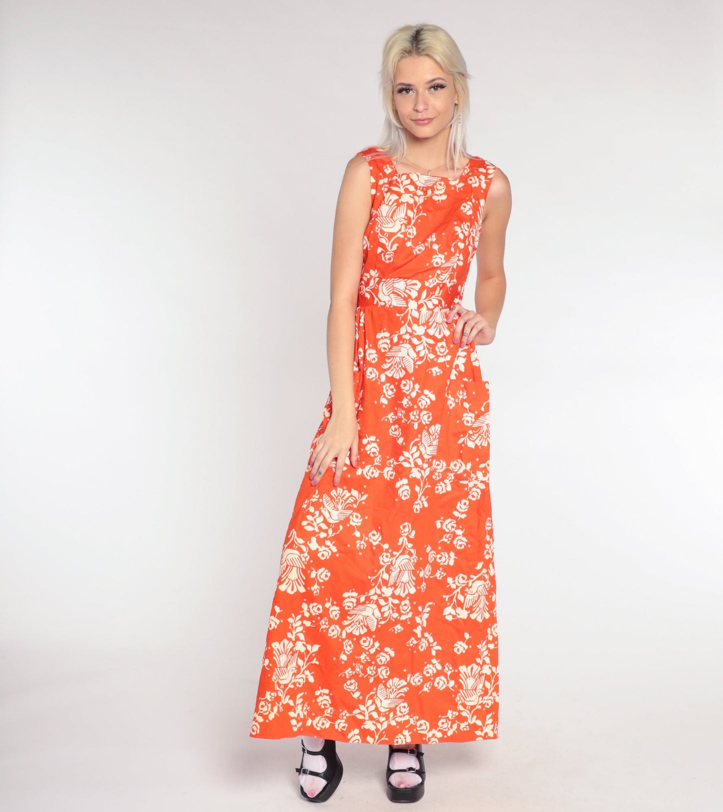 70s Orange Bird Floral Maxi Dress High Waist Cotton Vintage Extra Small