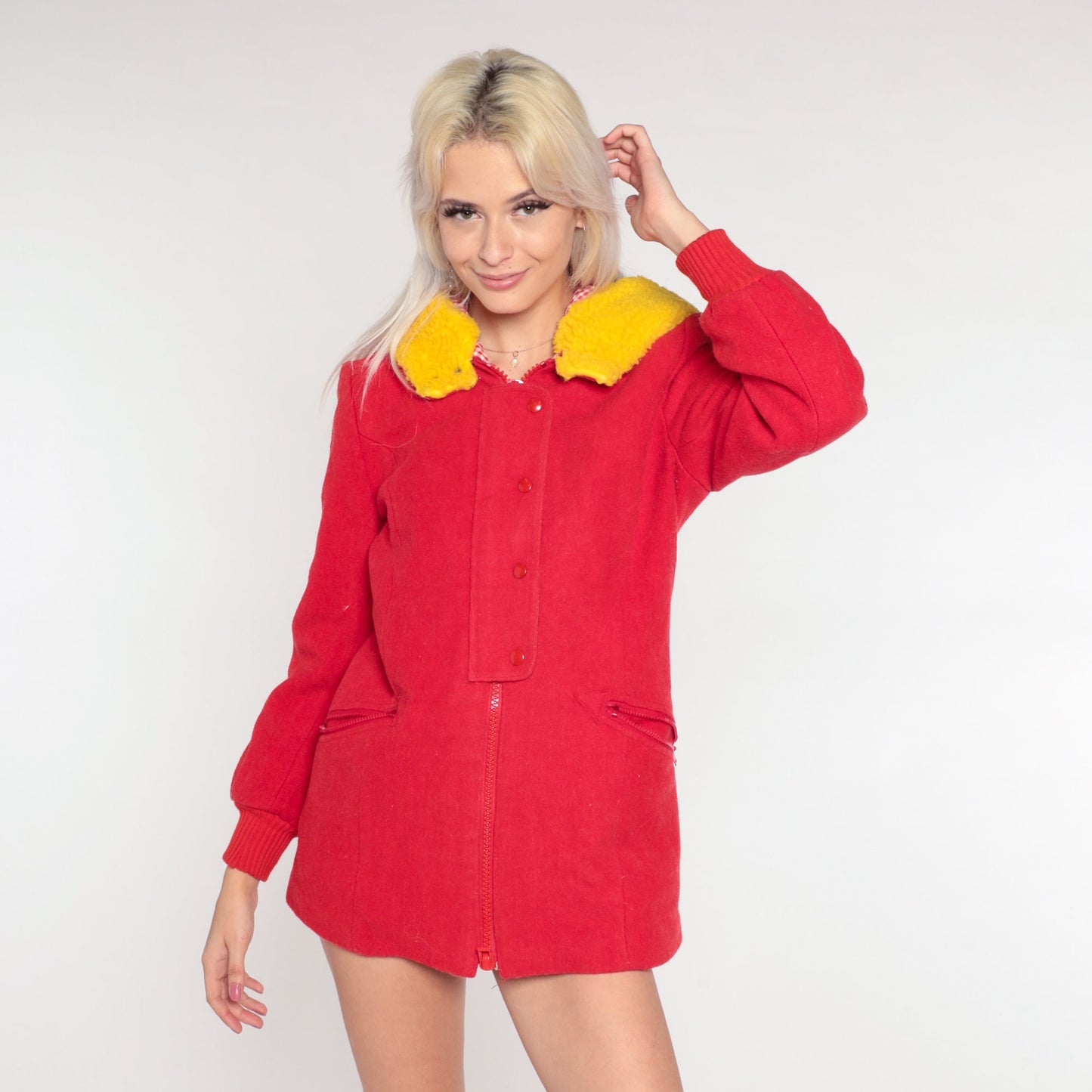 70s 80s Red Wool Blend Hooded Winter Coat Yellow Sherpa Trim Extra Small XS