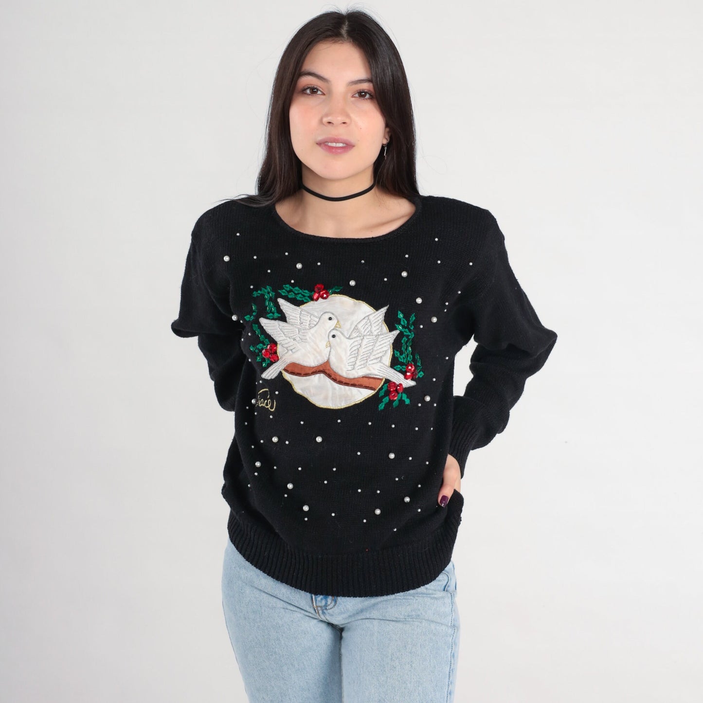 Y2K Christmas Dove Sweater Black Beaded Peace Pullover Large L