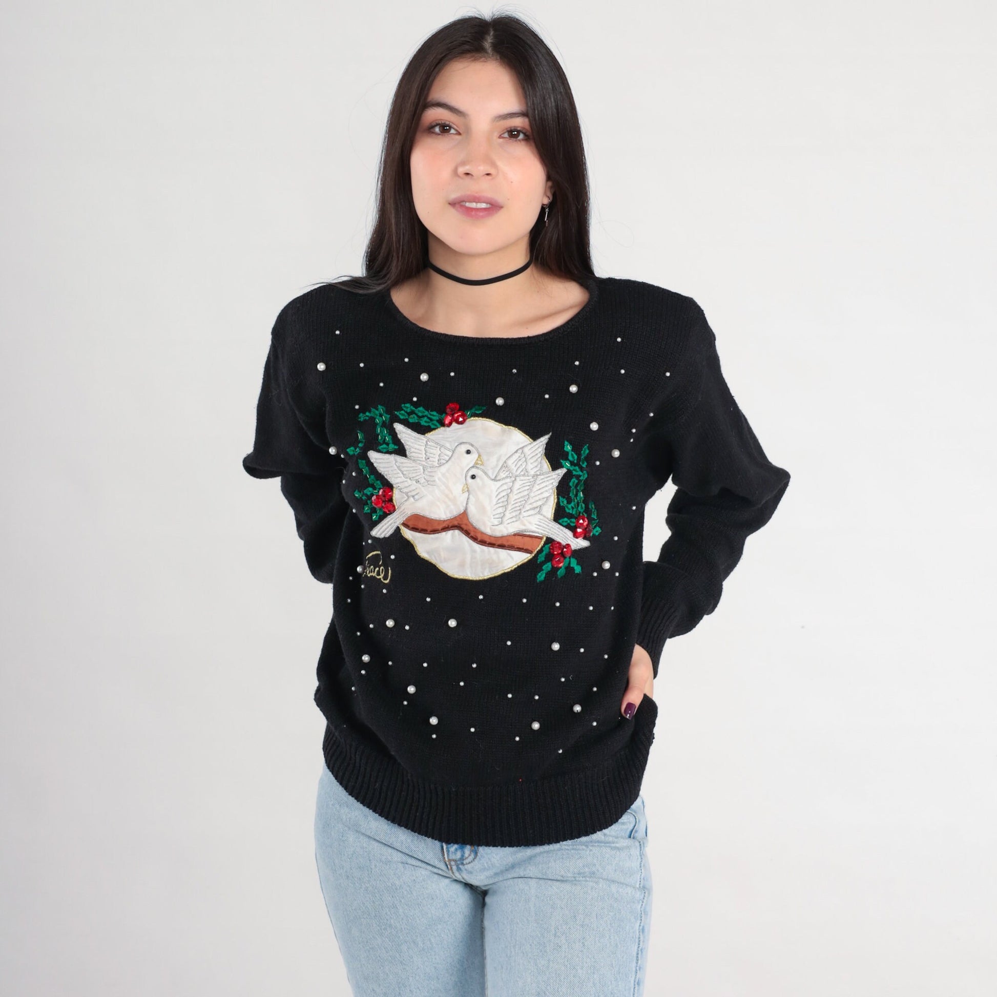 Y2K Christmas Dove Sweater Black Beaded Peace Pullover Large L