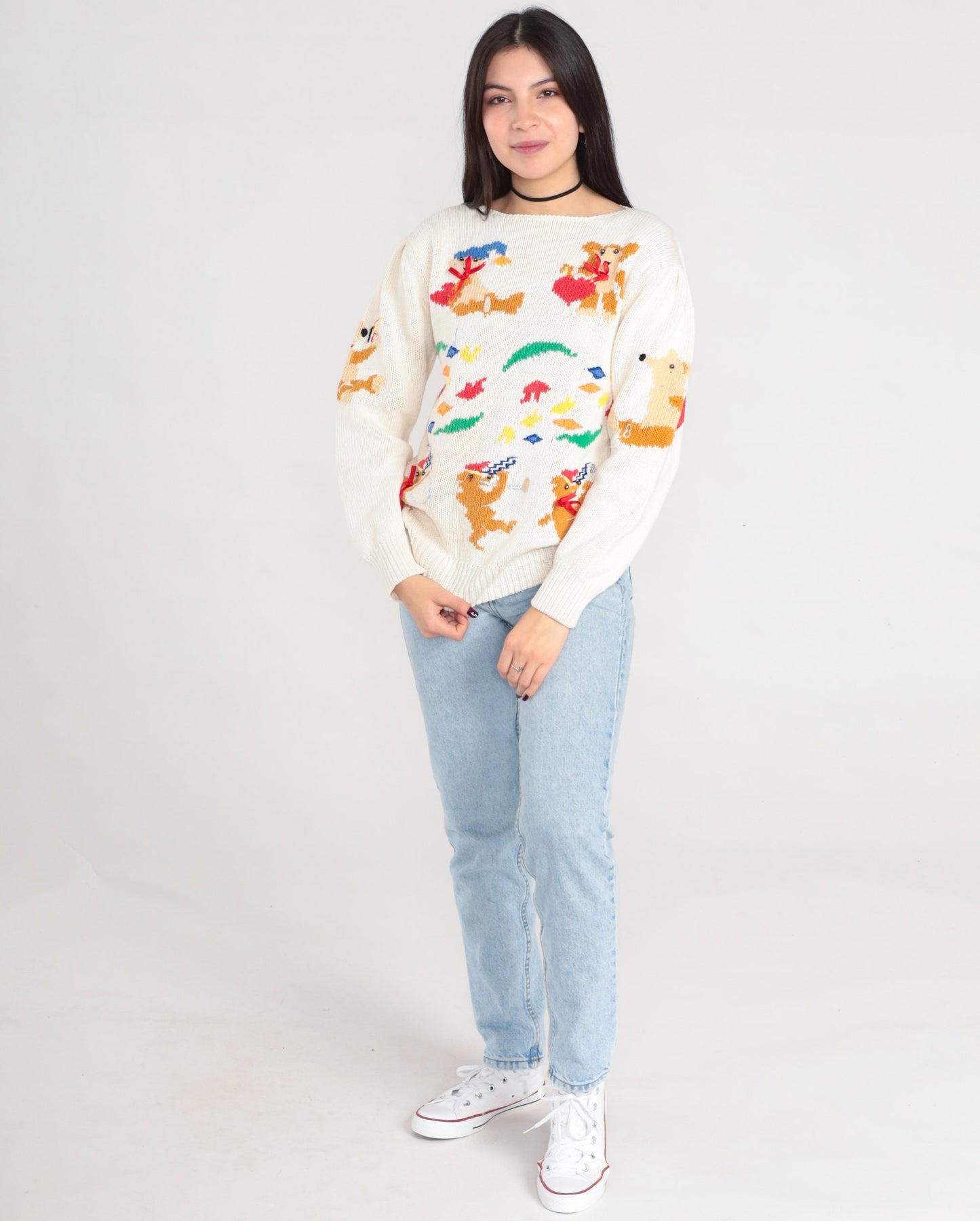 80s Animal Marching Band Sweater Teddy Bear Possum Dog Knit Medium