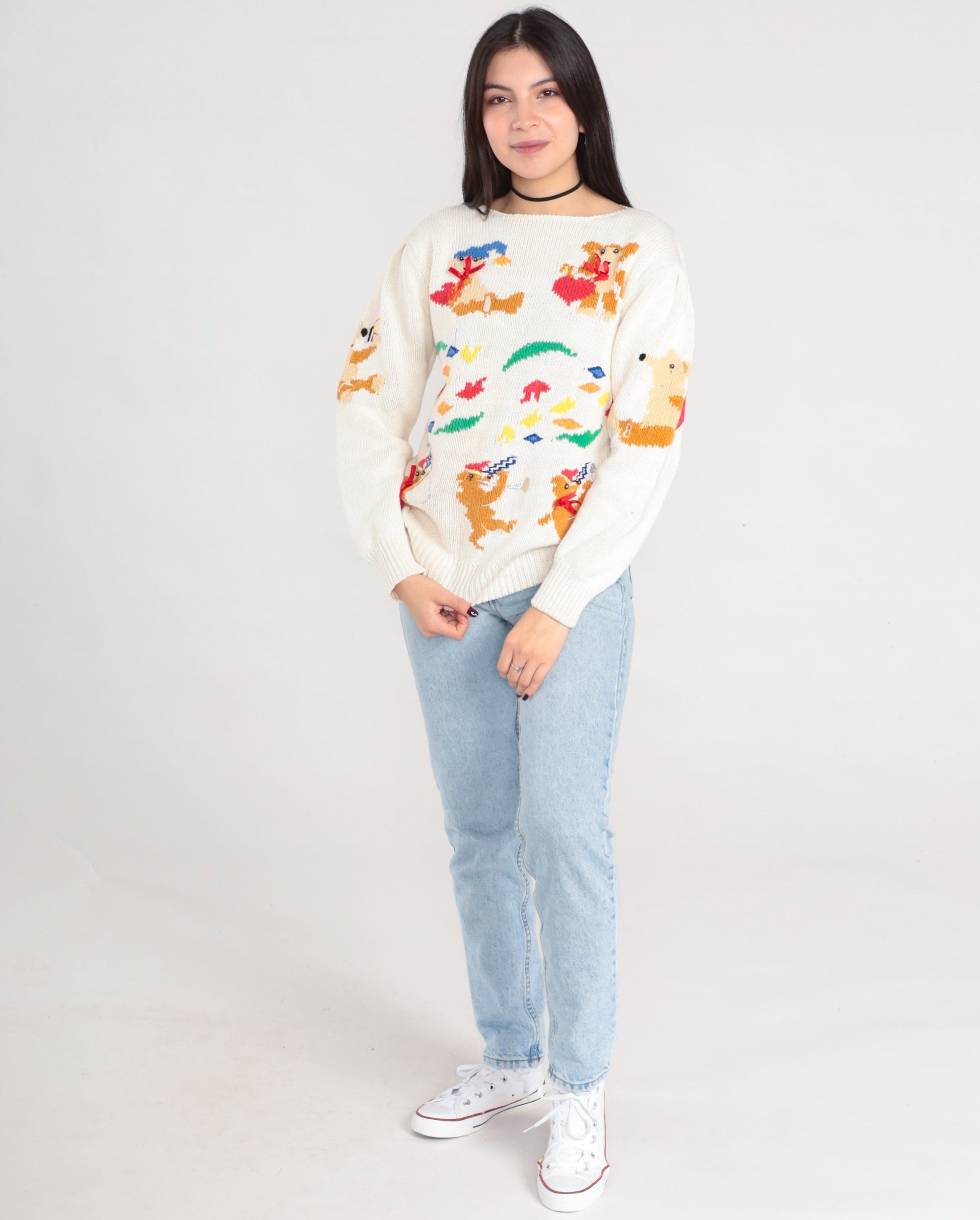 80s Animal Marching Band Sweater Teddy Bear Possum Dog Knit Medium