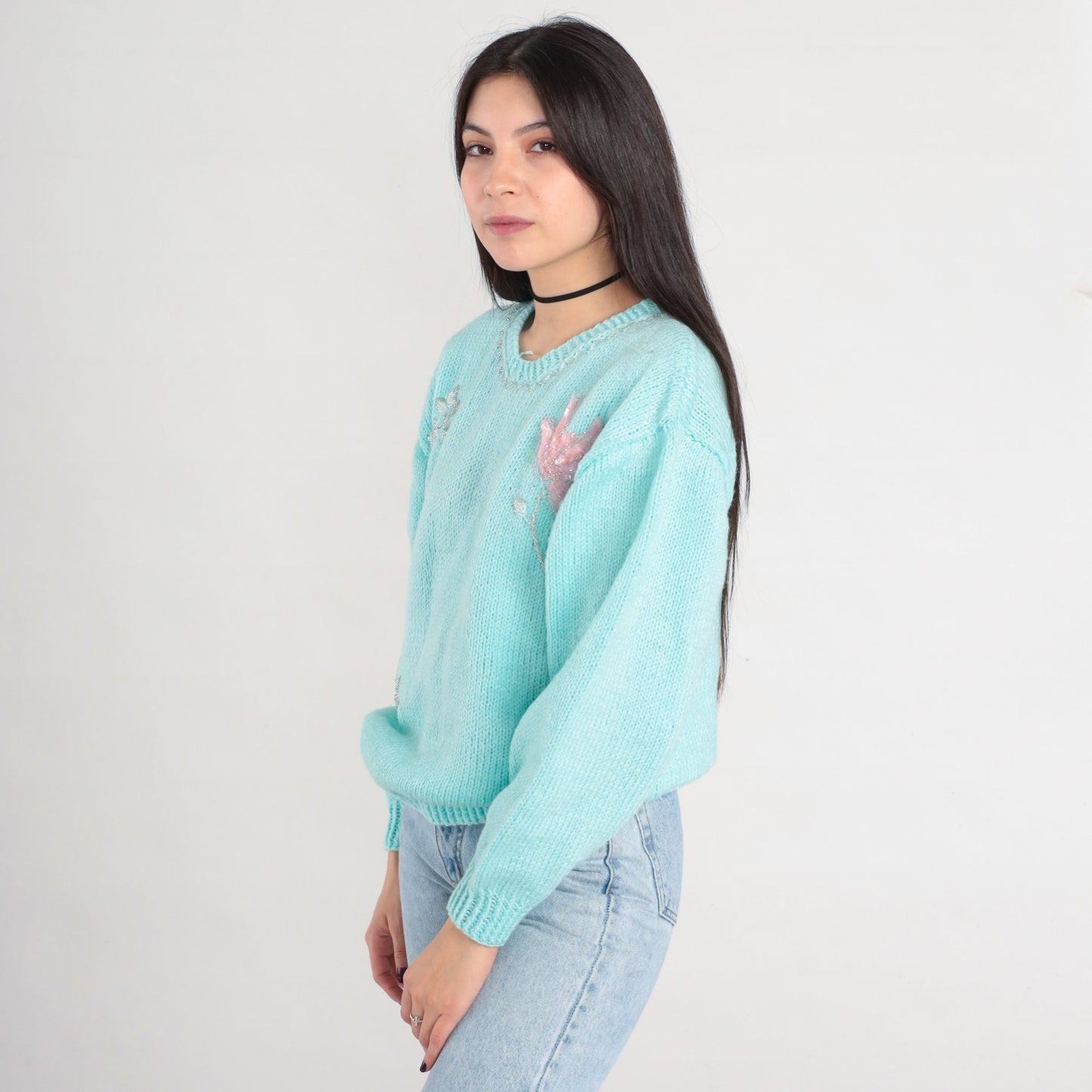 80s Mint Blue Floral Beaded Sequin Knit Sweater Pullover Medium