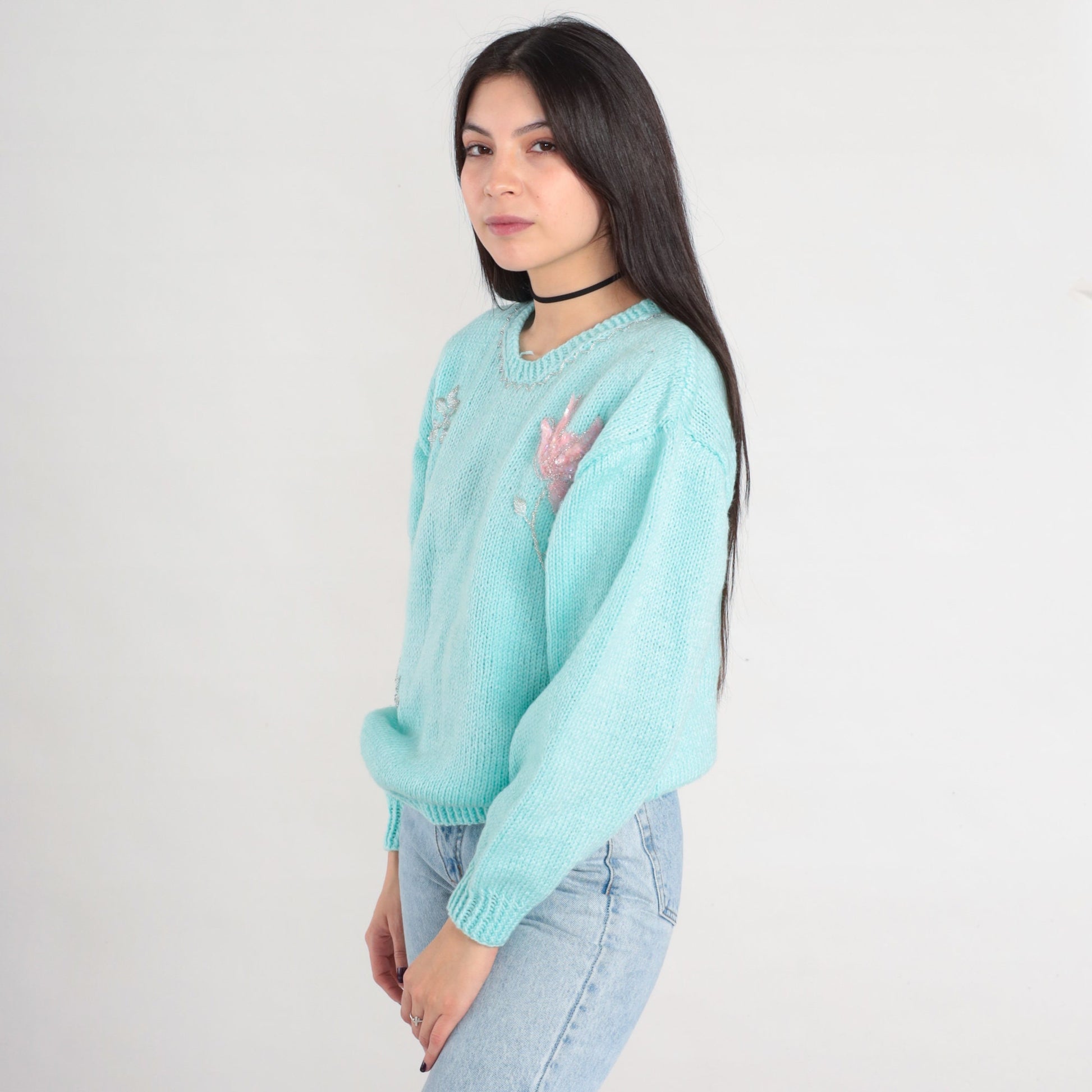 80s Mint Blue Floral Beaded Sequin Knit Sweater Pullover Medium