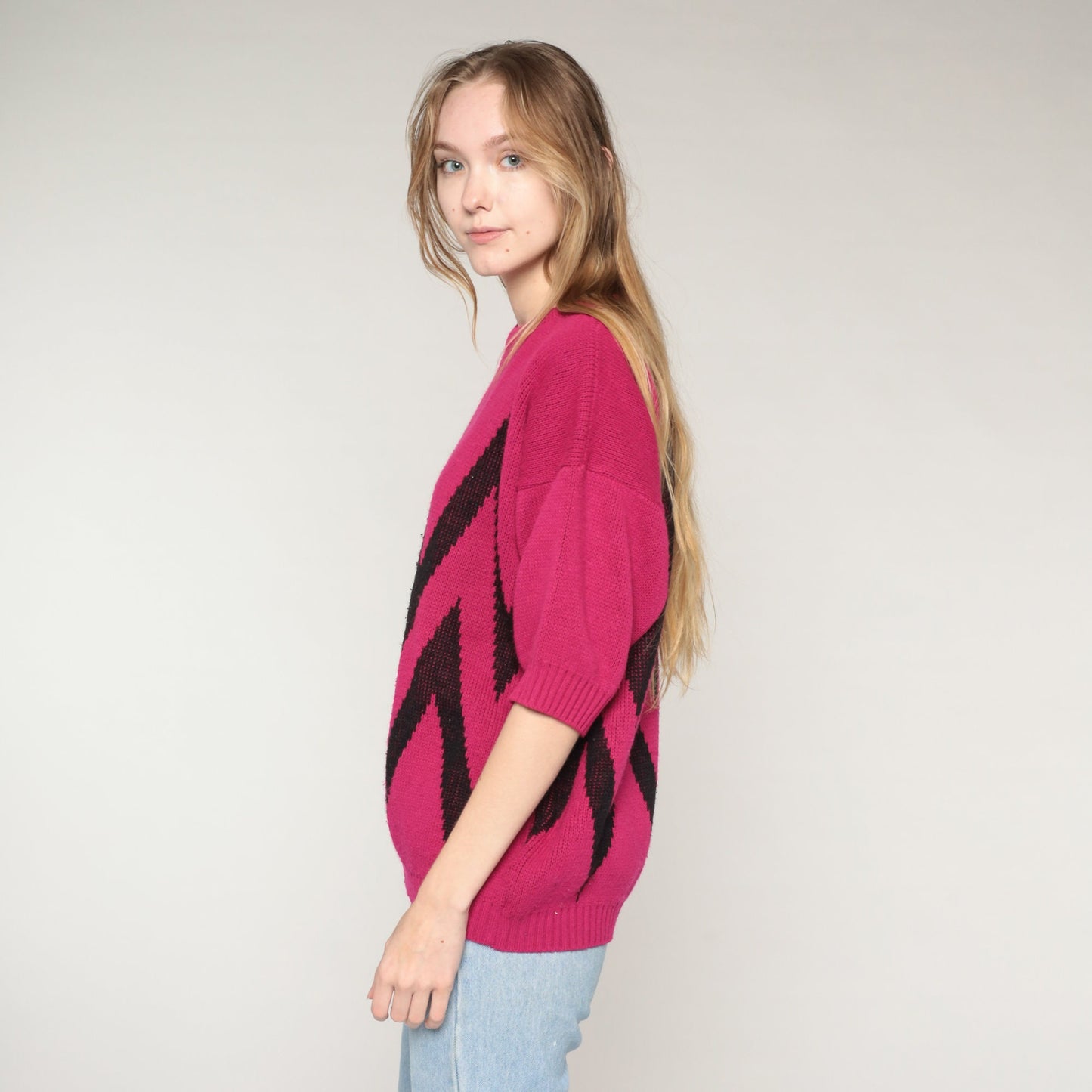 90s Magenta Striped Knit Sweater Short Sleeve Black Chevron Large L