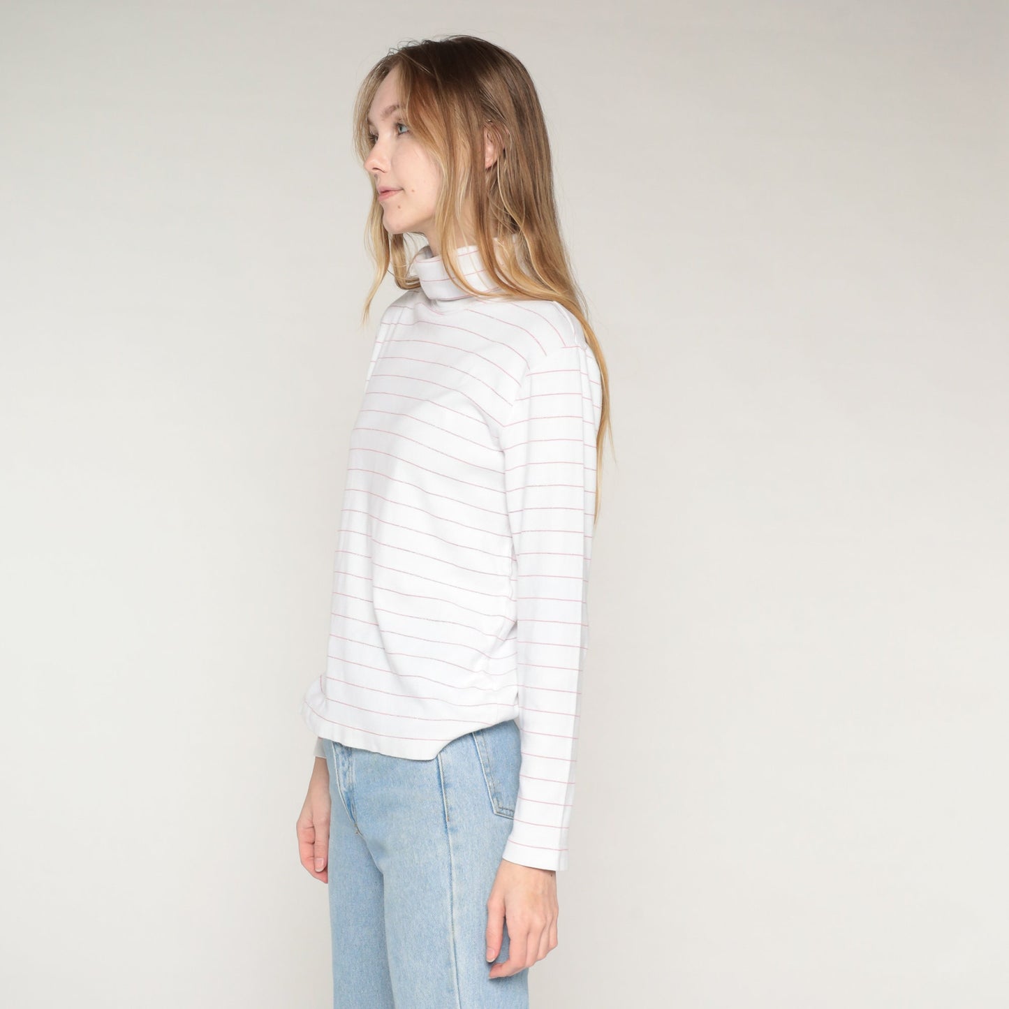 90s Striped Turtleneck Long Sleeve Shirt White Pink Metallic Medium M