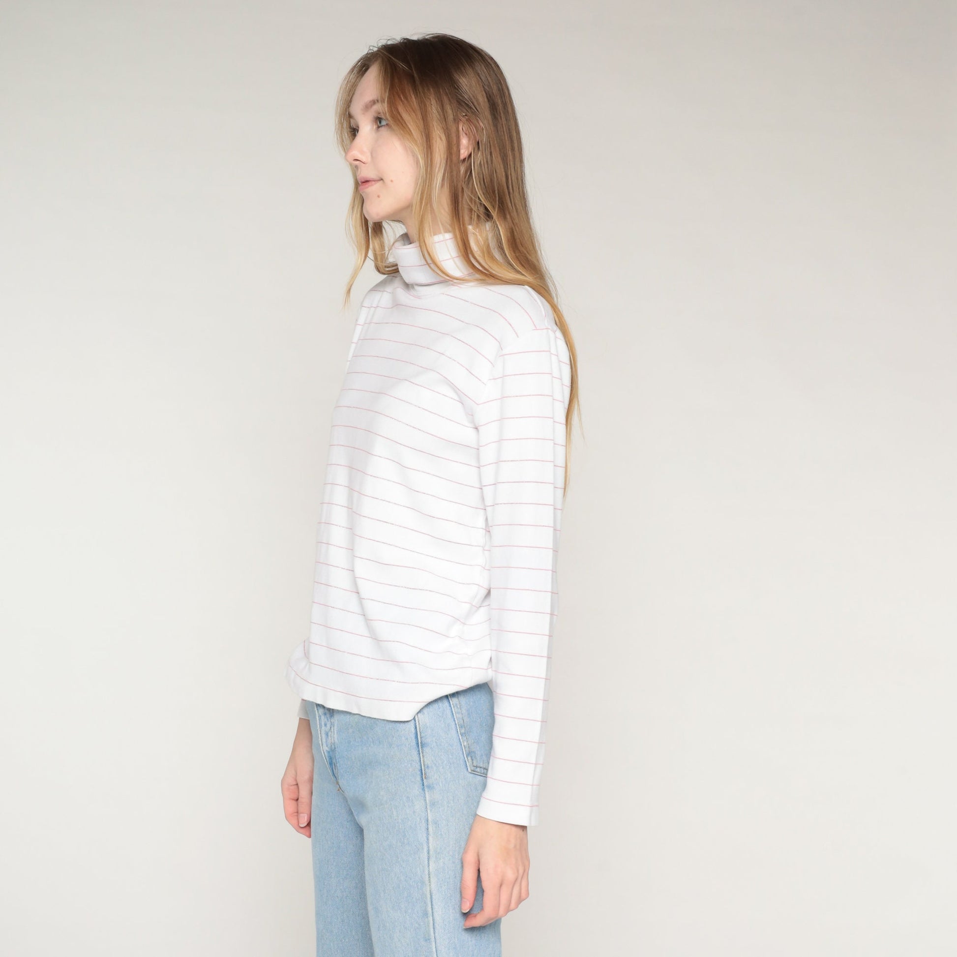 90s Striped Turtleneck Long Sleeve Shirt White Pink Metallic Medium M