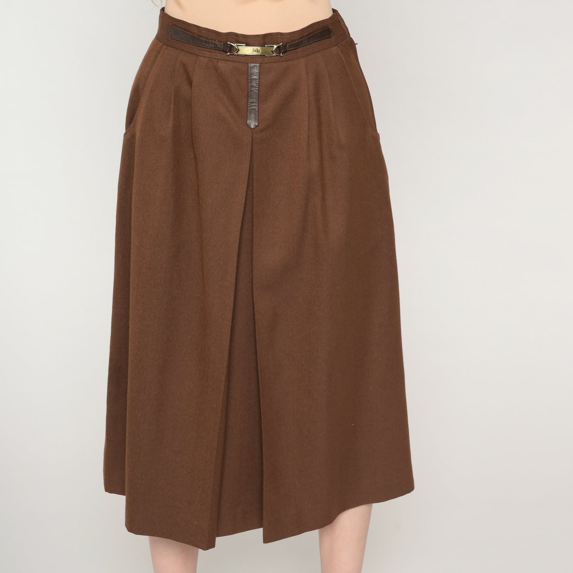 80s Brown Wool Blend Midi Skirt High Waist Pleated Side Zip Extra Small