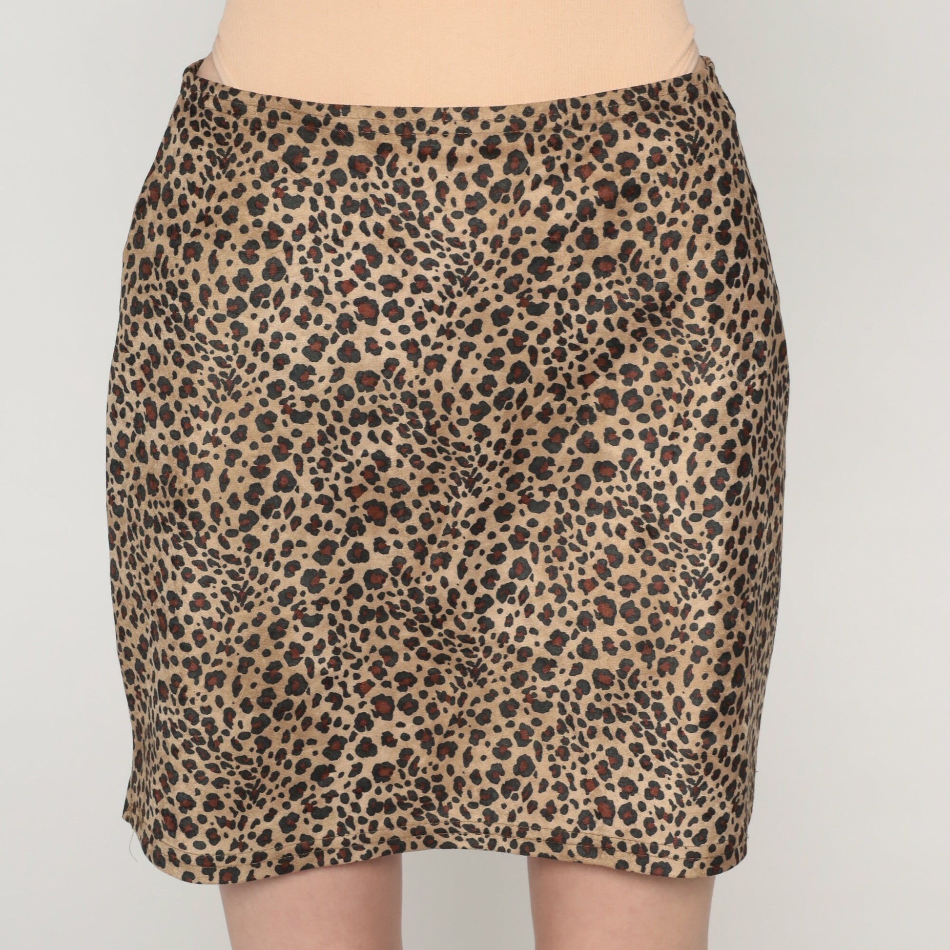 90s Leopard Print Mini Skirt High Waist Pencil Cut Brown Small S
