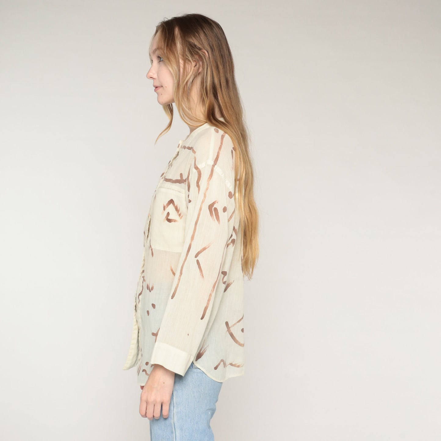 80s Abstract Brushstroke Button-Up Blouse Cream Brown Semi-Sheer Long Sleeve Small