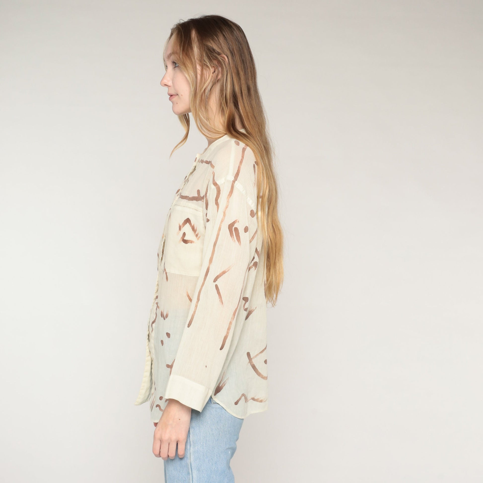 80s Abstract Brushstroke Button-Up Blouse Cream Brown Semi-Sheer Long Sleeve Small