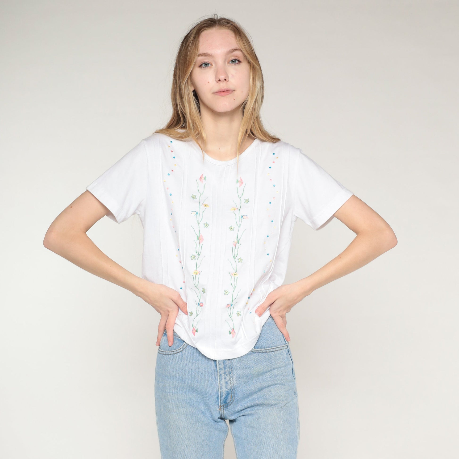 90s Shenanigans White Embroidered Fish Blouse Tropical Starfish Medium
