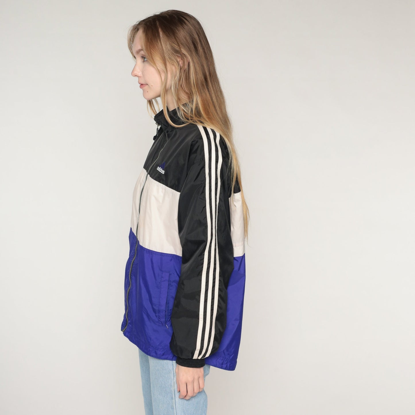 Y2K Adidas Windbreaker Jacket Black White Purple Striped Colour Block 2XL