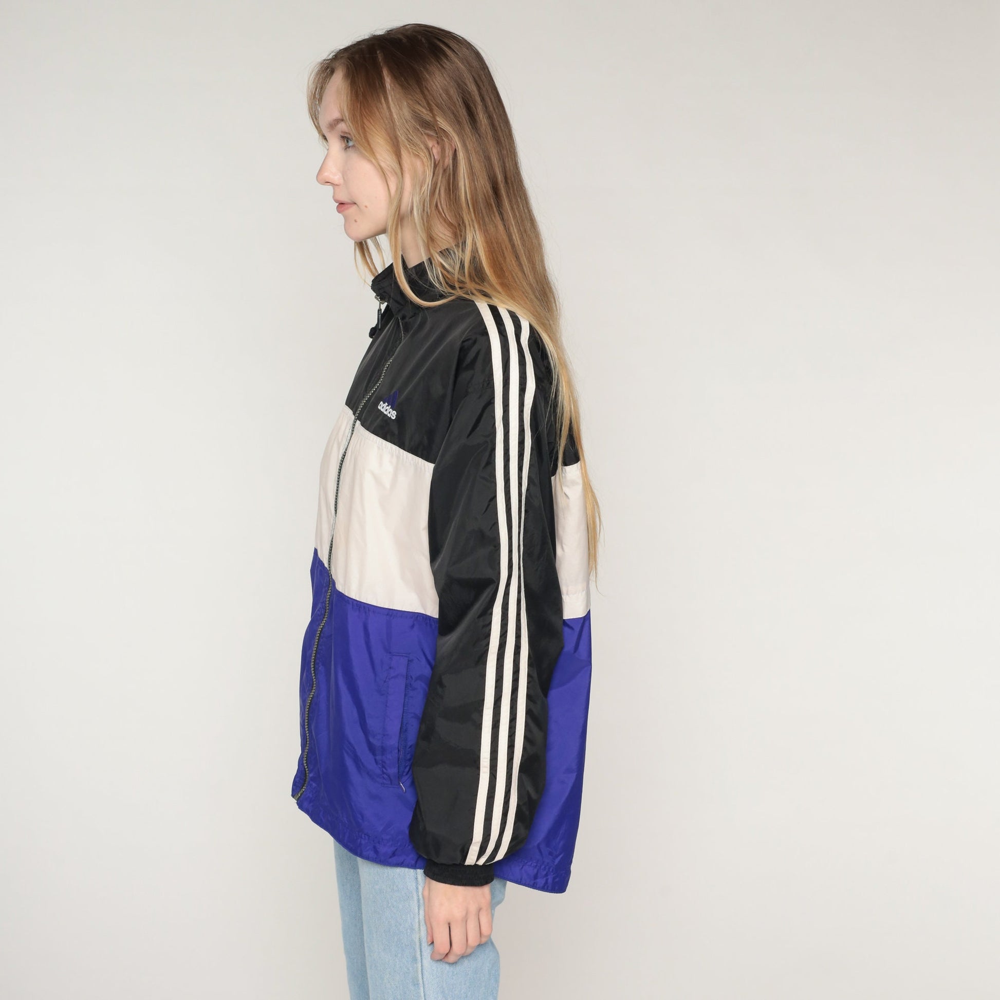 Y2K Adidas Windbreaker Jacket Black White Purple Striped Colour Block 2XL