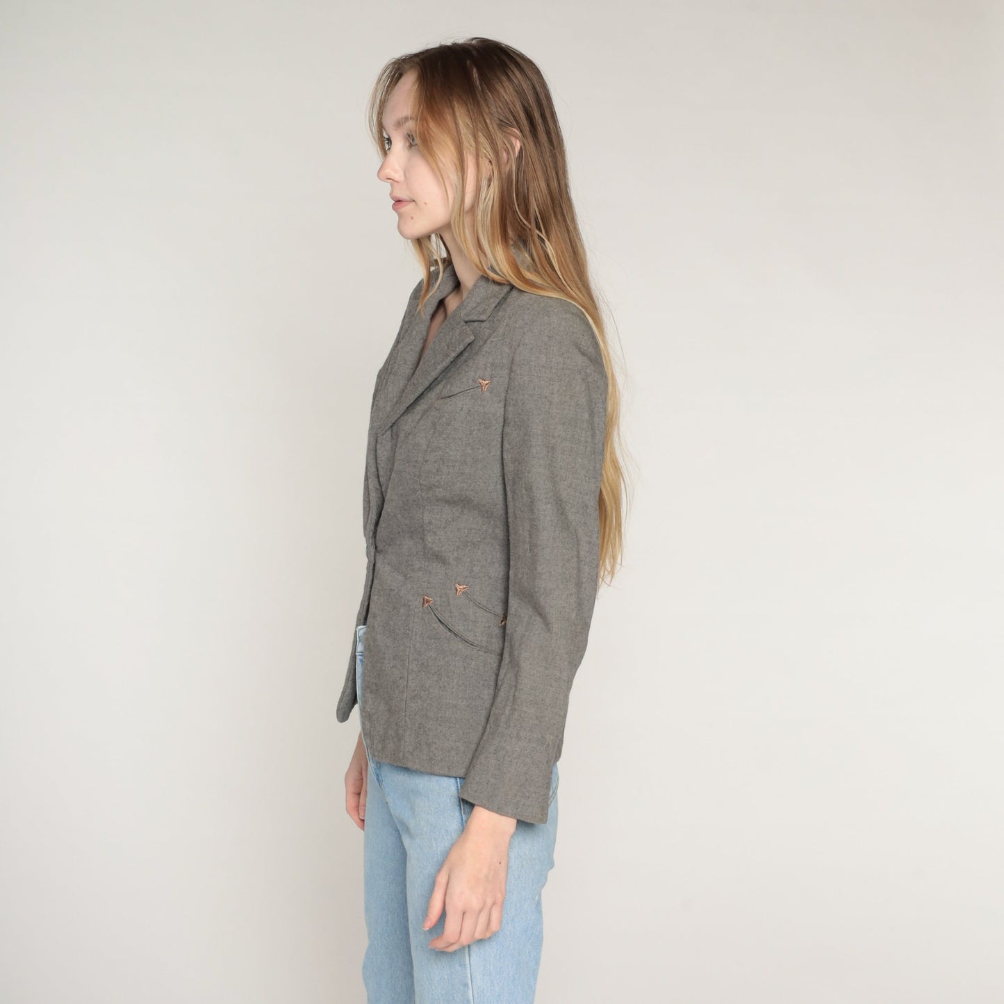 60s Grey Wool Blazer Single Button Jacket Embroidered Pockets Extra Small