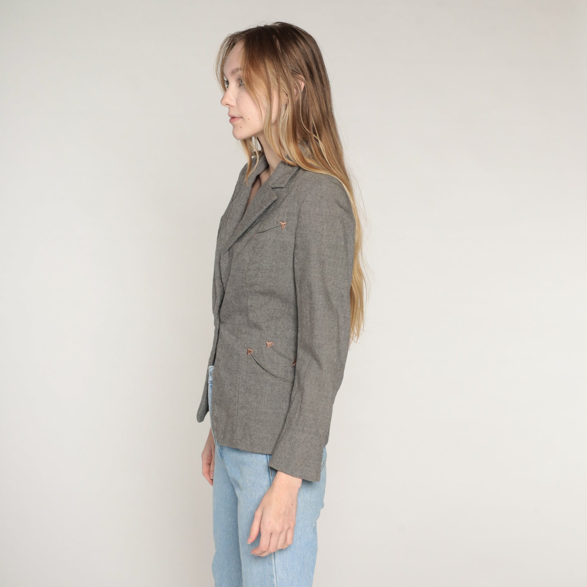60s Grey Wool Blazer Single Button Jacket Embroidered Pockets Extra Small