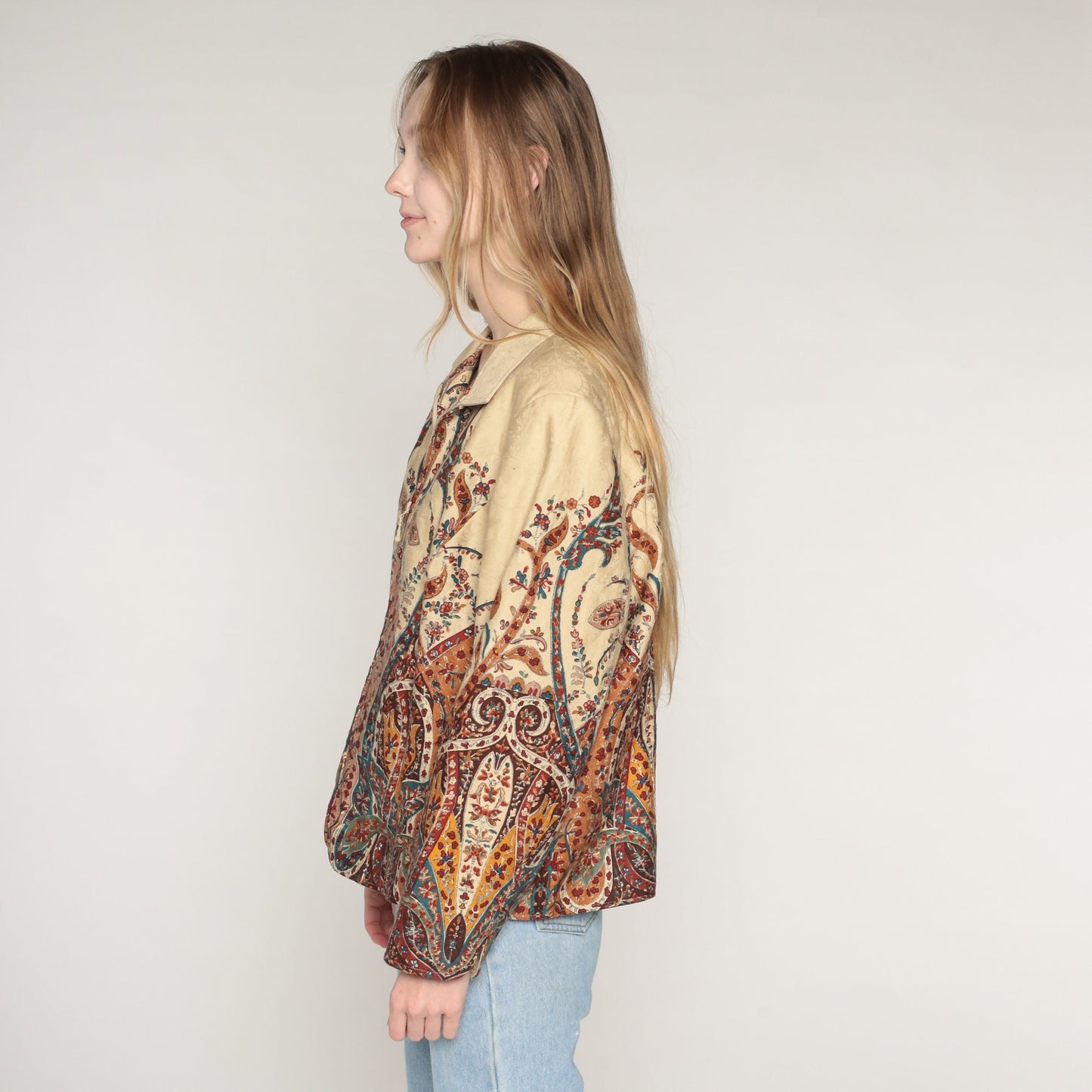 Y2K Coldwater Creek Floral Embossed Jacket Tan Indian Print Zip-Up Extra Large XXL