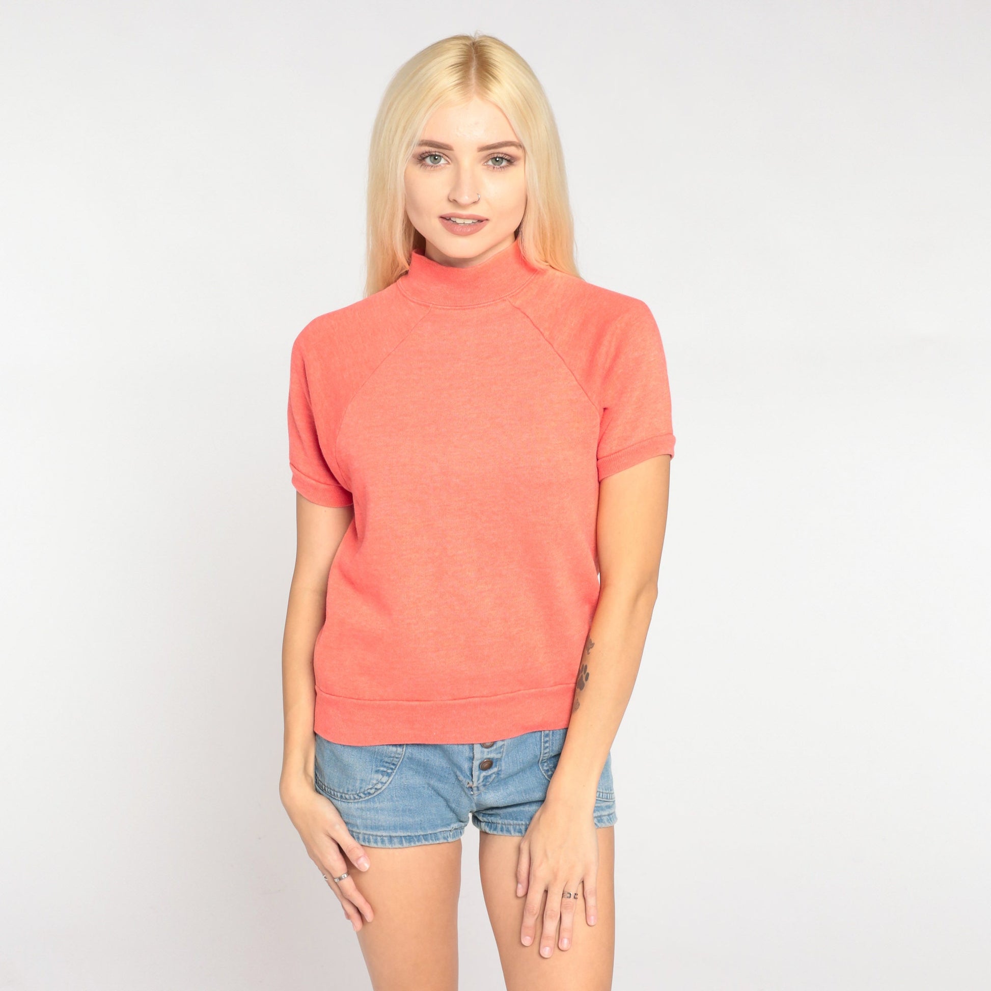 80s Coral Mock Neck Raglan Sweatshirt Short Sleeve Pink Top Extra Small XS