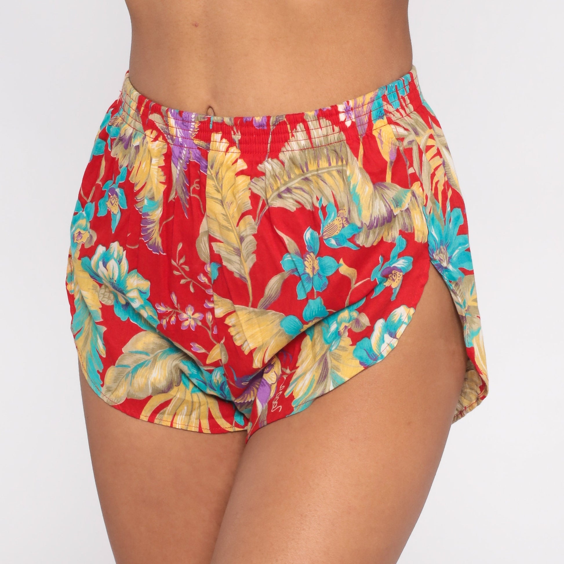 80s Red Floral High-Waist Running Shorts Tropical Gym Jogging Extra Small
