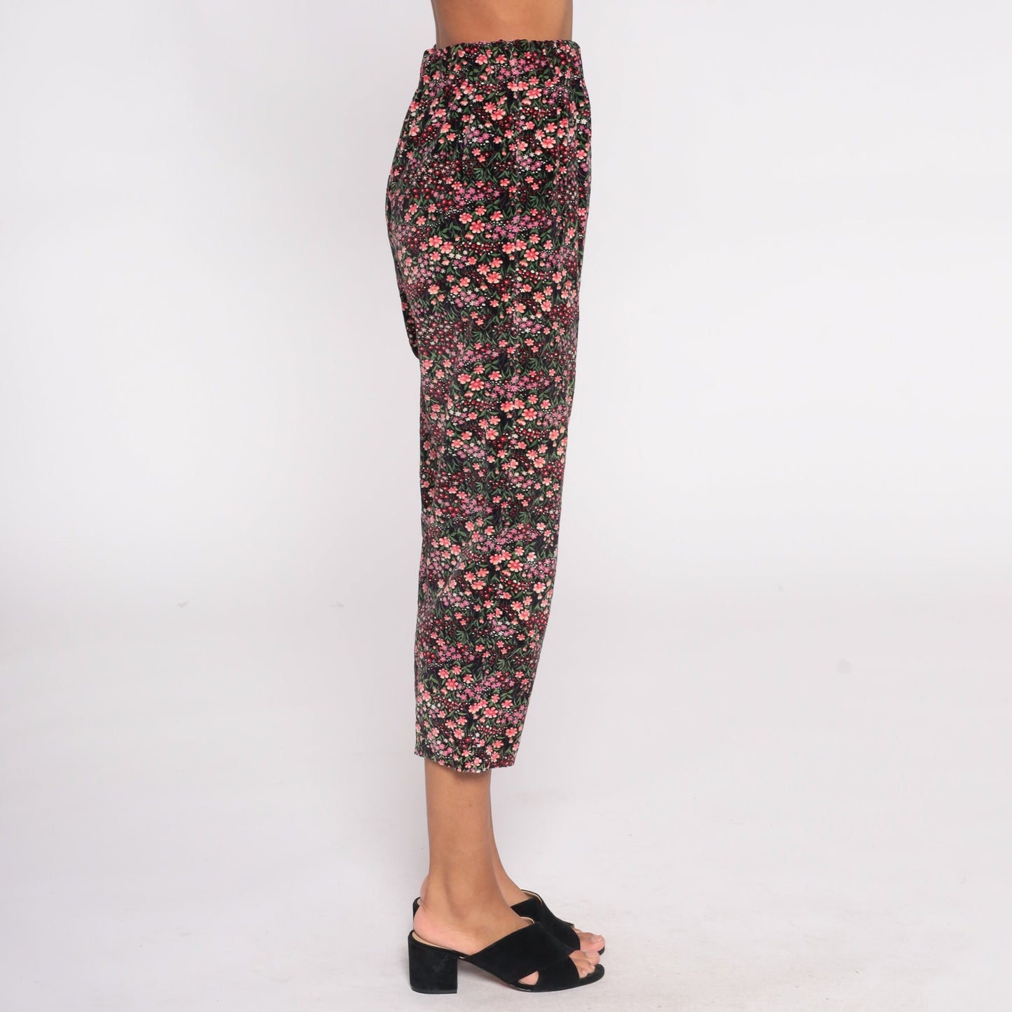 90s Black Velvet Floral Capri Pants Pink Print Elastic Waist Small Medium