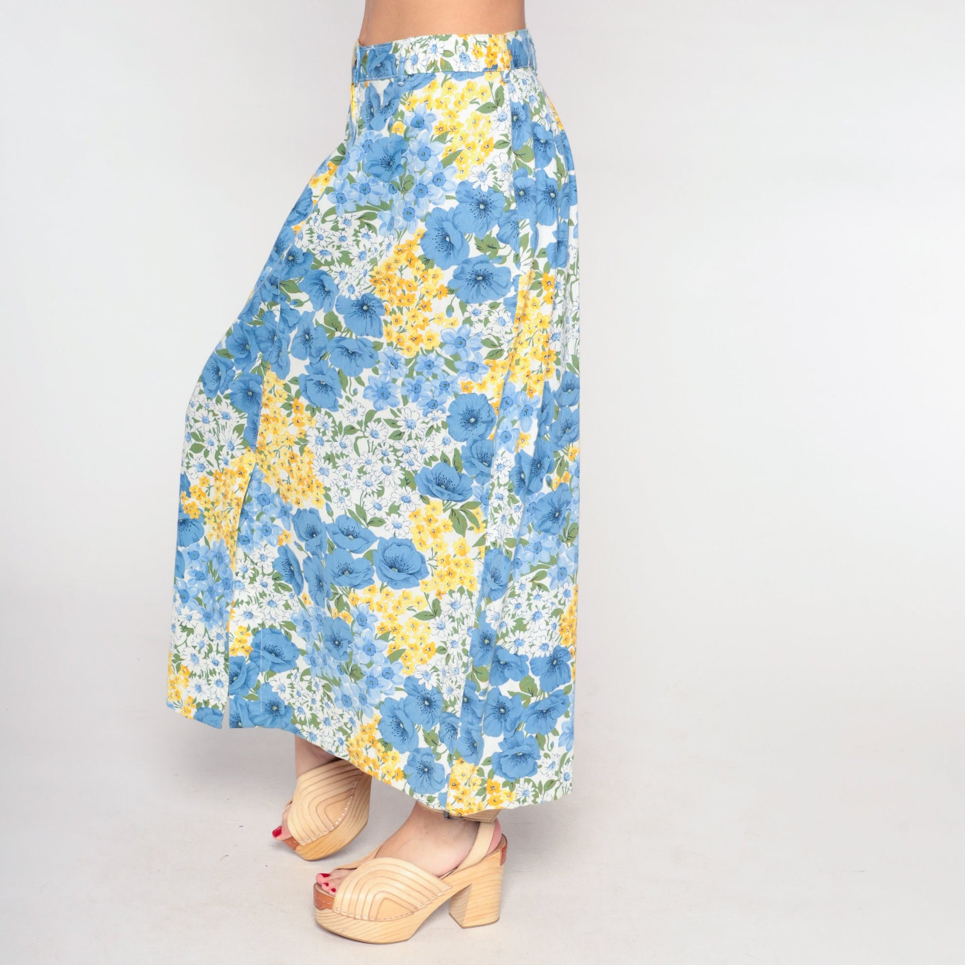 90s Blue Floral Wrap Maxi Skirt Cotton Flower Print Medium Large