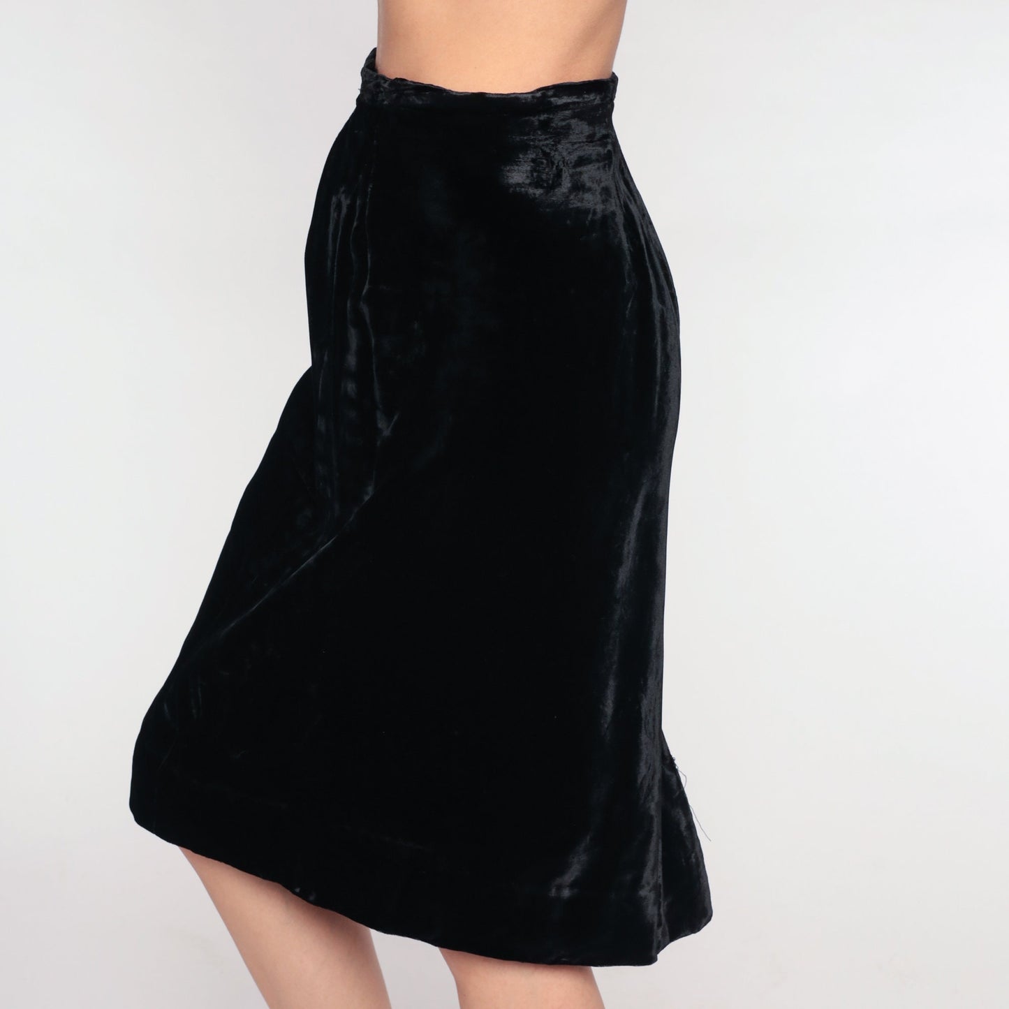 70s Black Velvet Midi Skirt High Waisted Pencil Extra Small XS