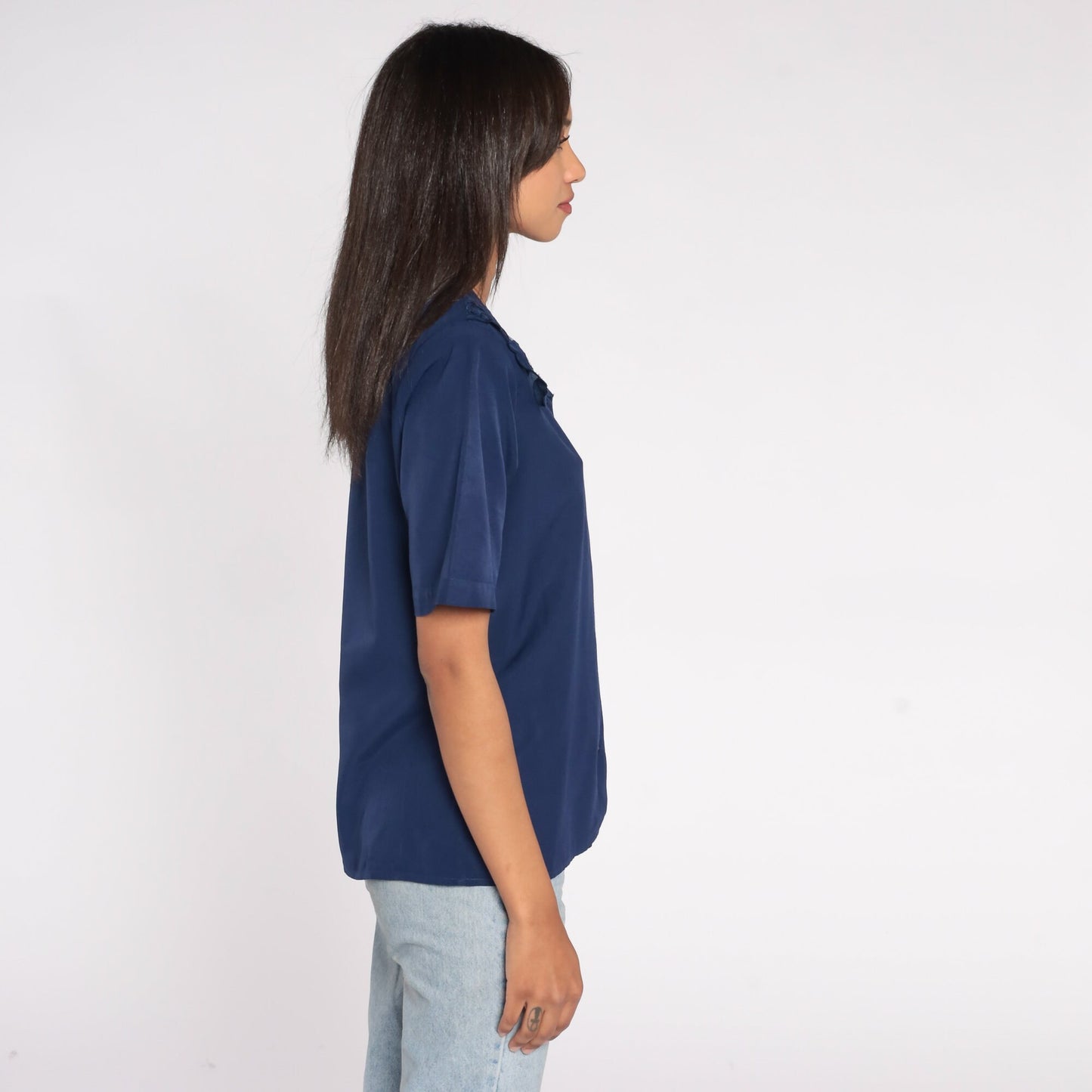 90s Navy Floral Embroidered Collared Blouse Short Sleeve Button Up Small