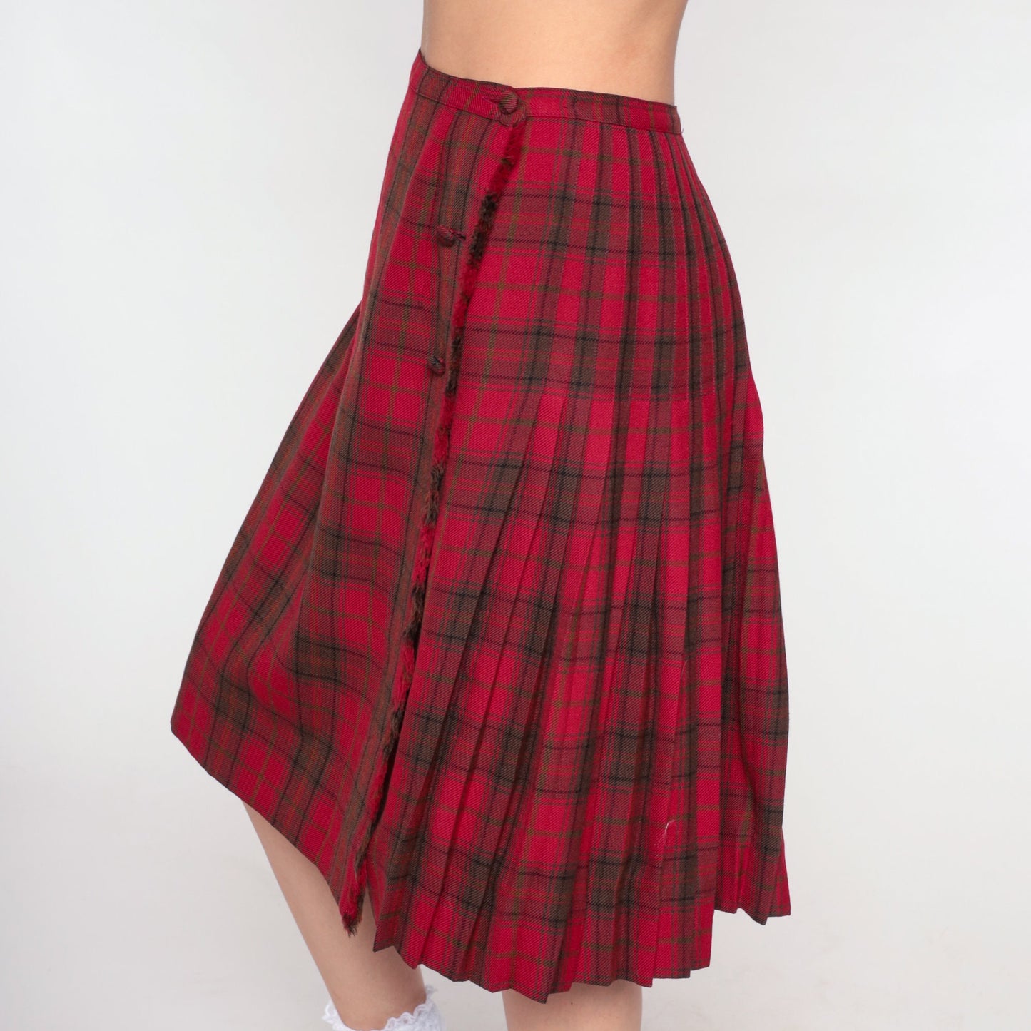 70s Scottish Tartan Wool Midi Skirt Red Plaid Pleated High Waist Small