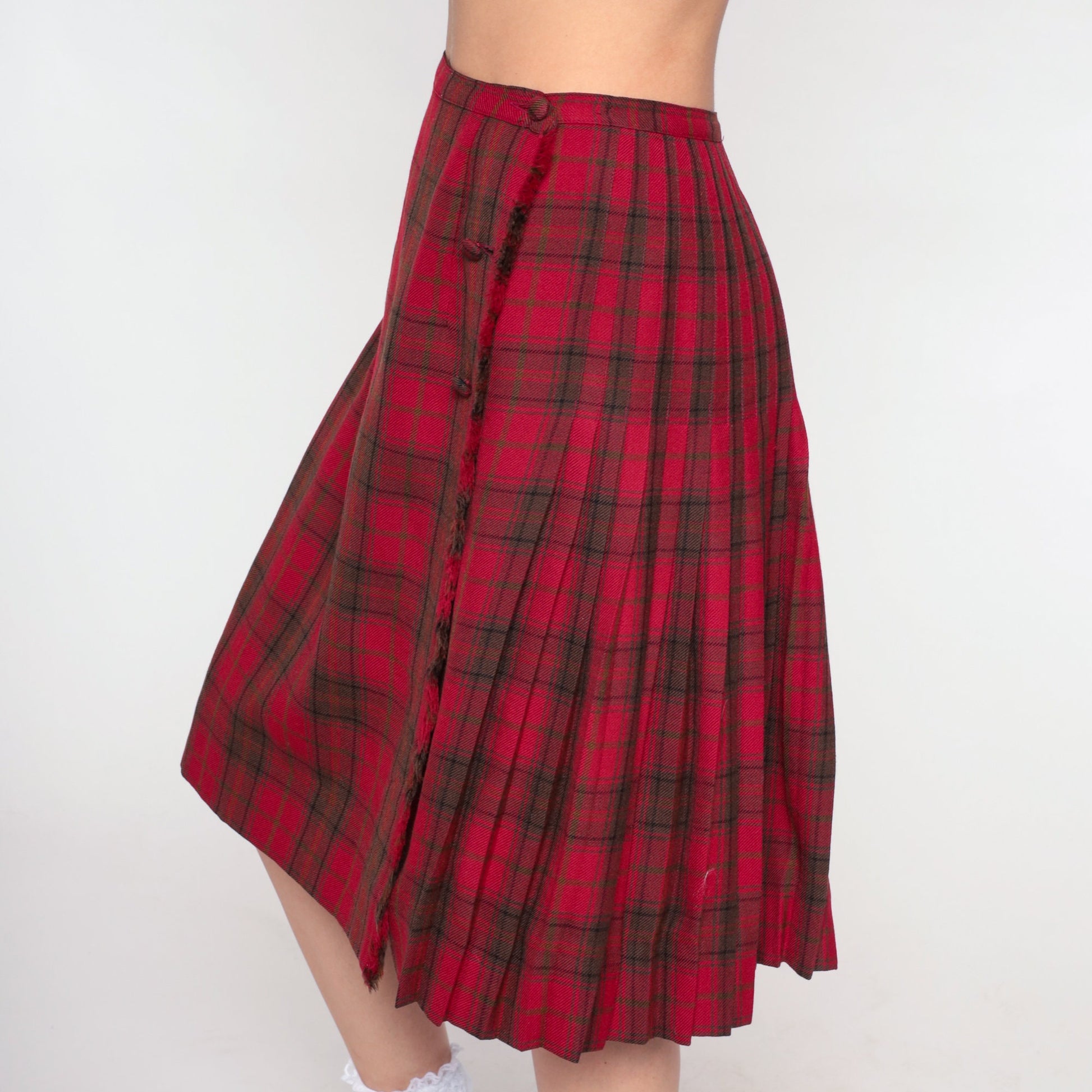 70s Scottish Tartan Wool Midi Skirt Red Plaid Pleated High Waist Small