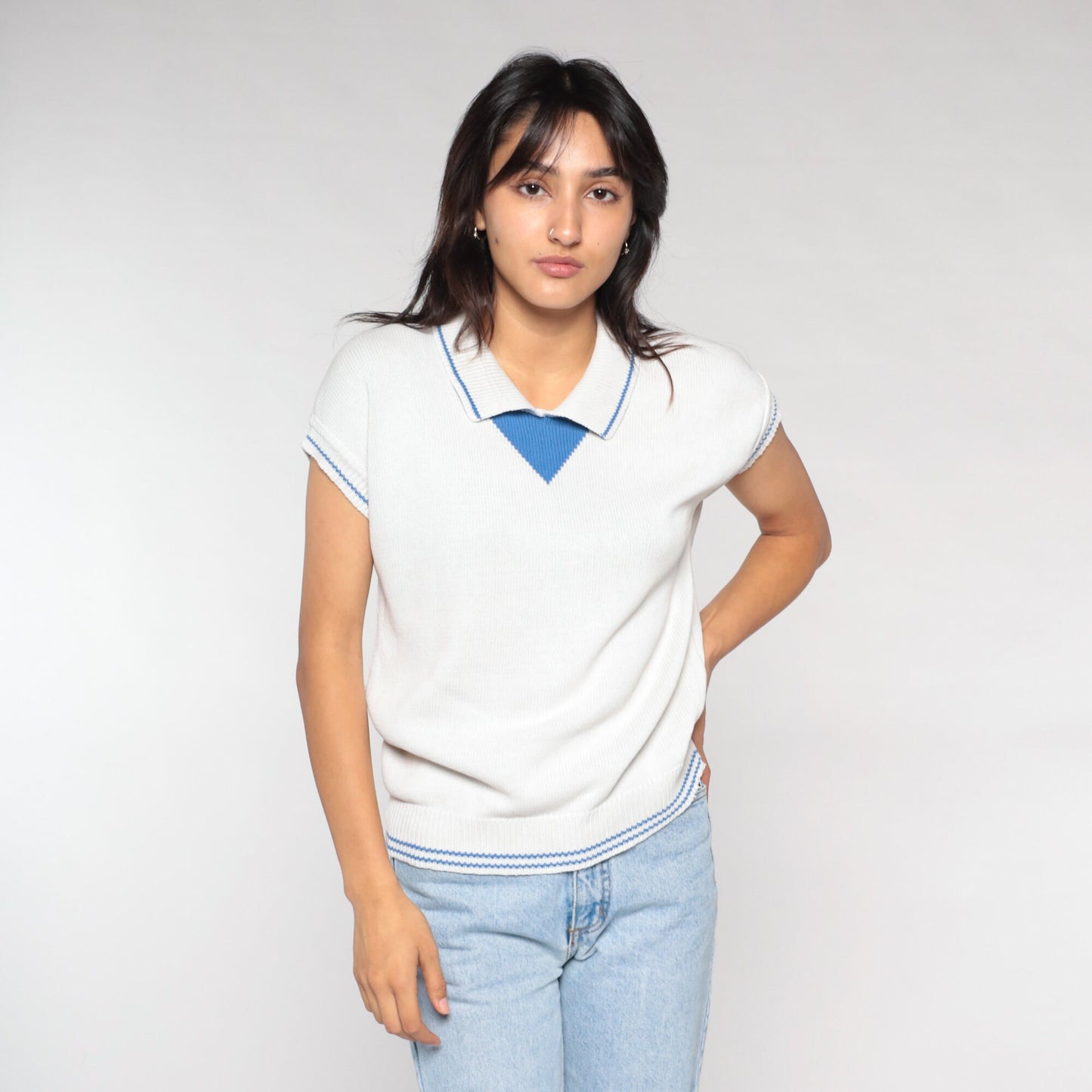 90s White Knit Polo Cap Sleeve Collared Sweater Top Blue Trim Small S
