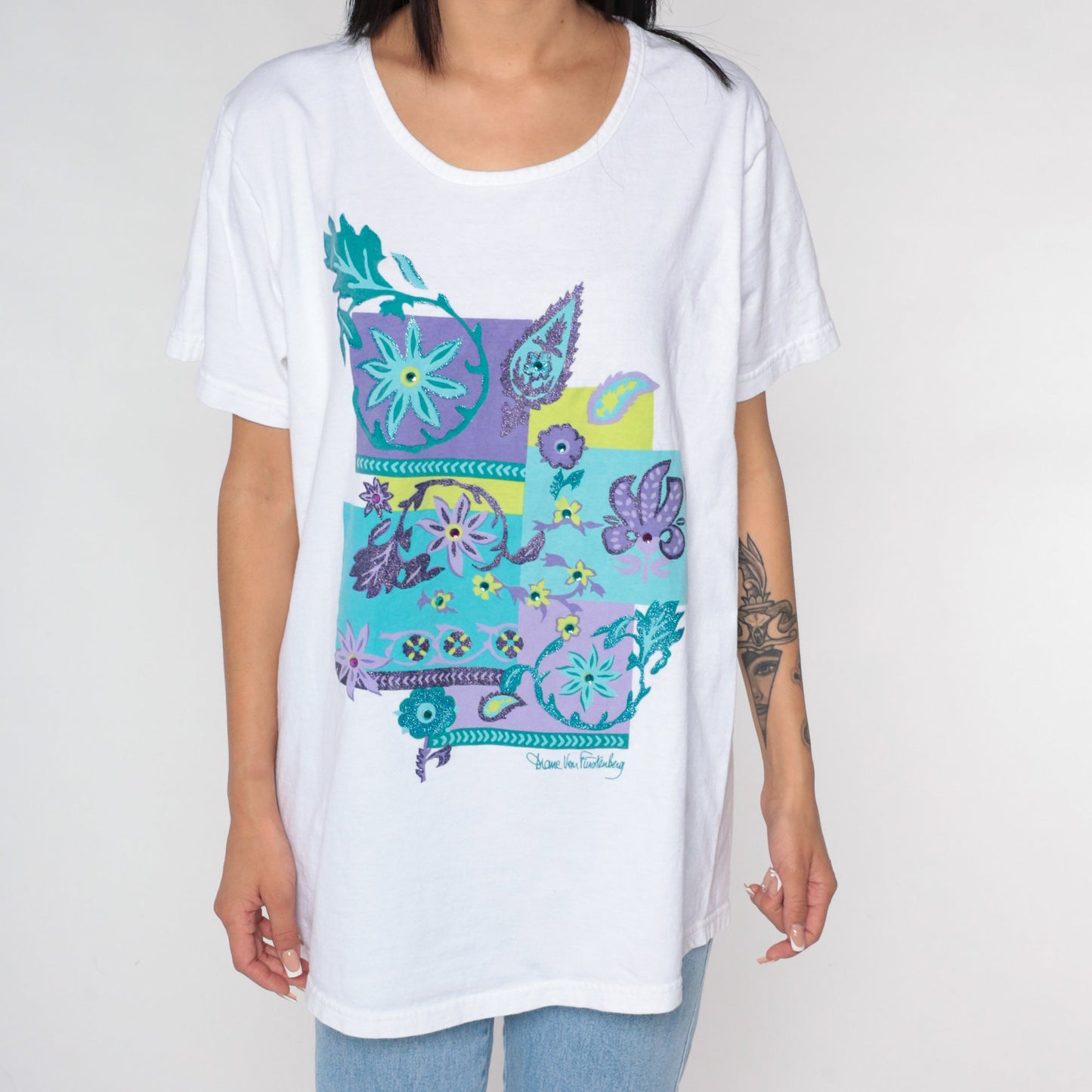 Diane Von Furstenberg Y2K Floral Glitter T-Shirt White Blue Green Purple Extra Large XL