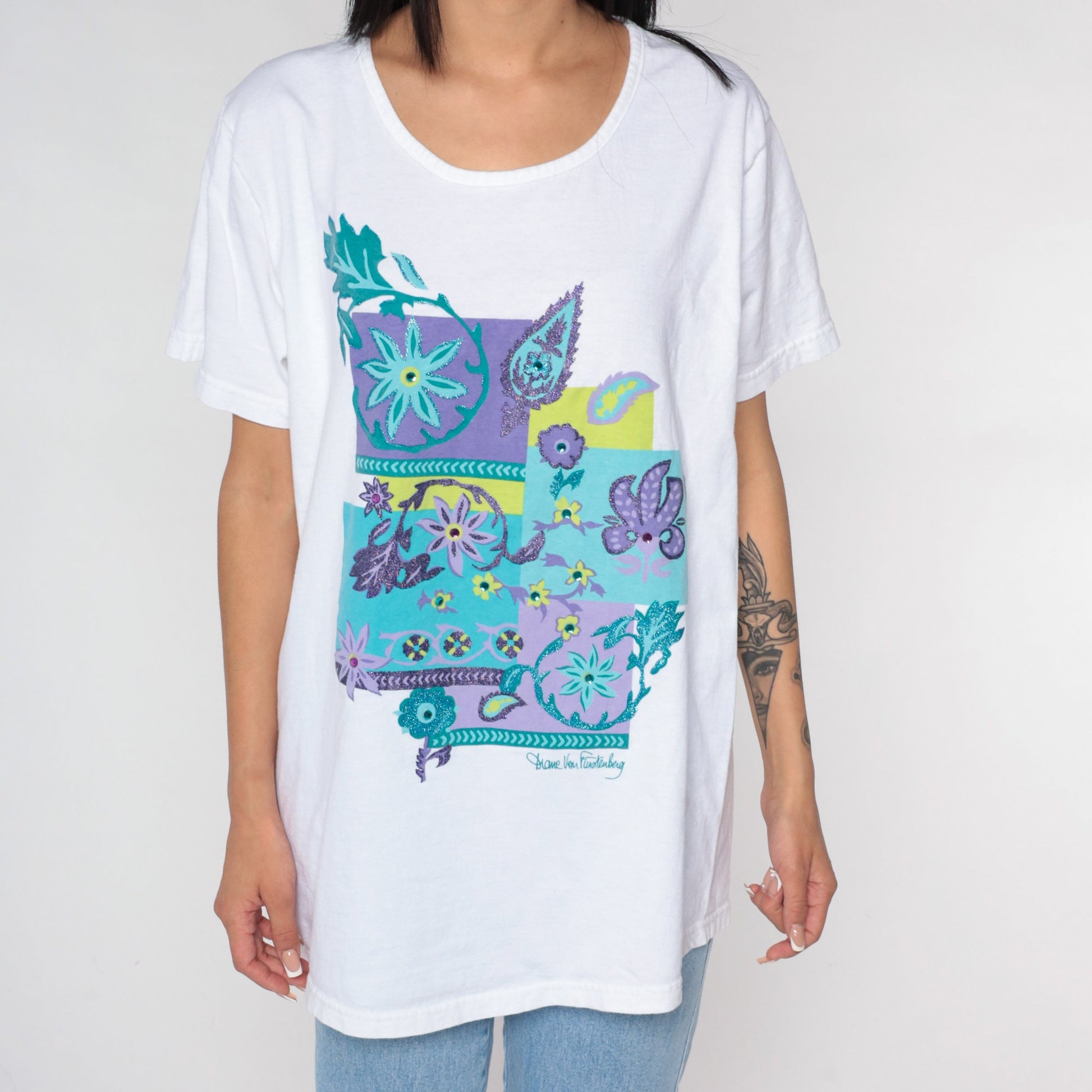 Diane Von Furstenberg Y2K Floral Glitter T-Shirt White Blue Green Purple Extra Large XL