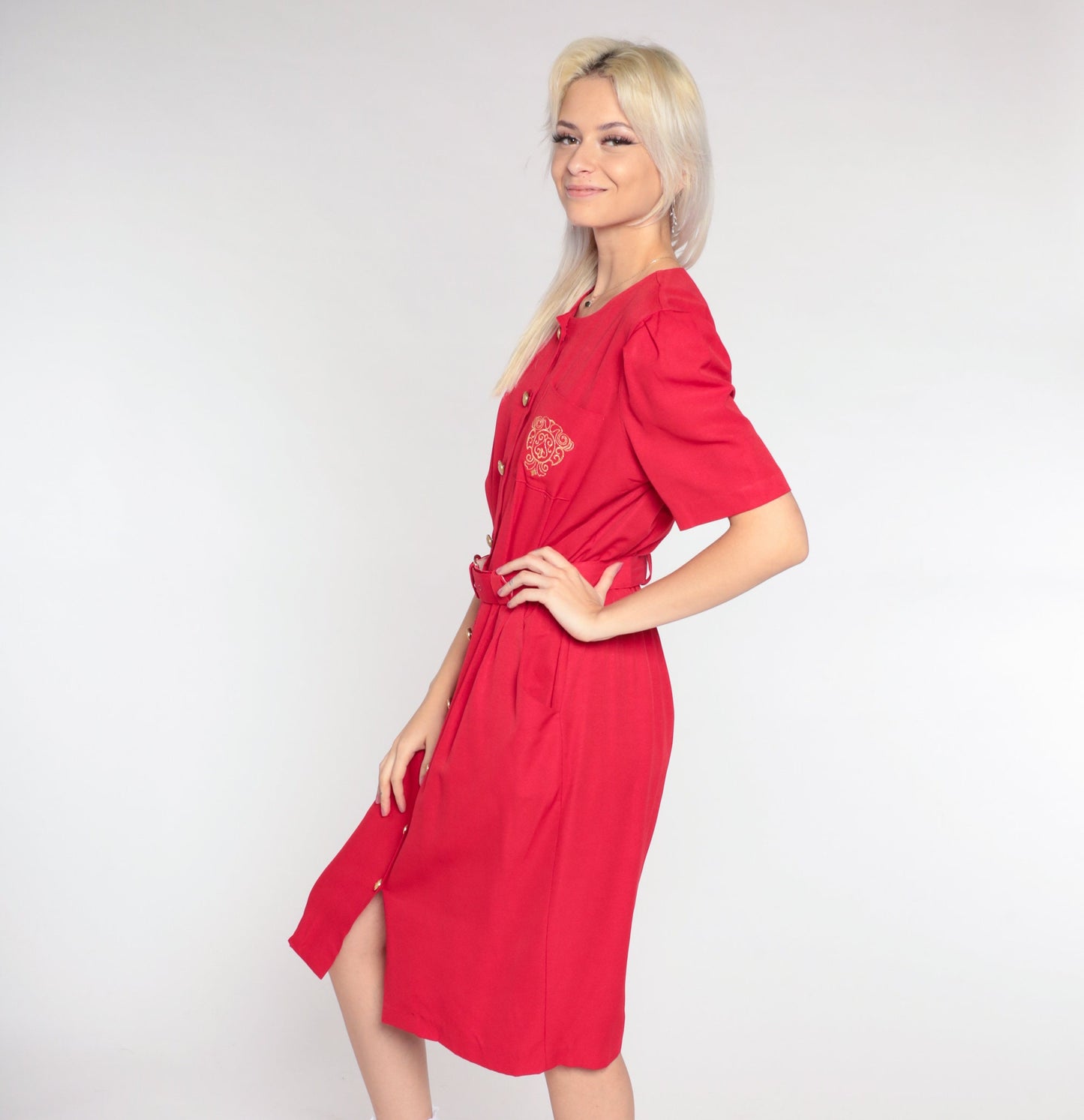 90s Red Midi Shirtdress Gold Crest Pocket Puff Sleeve Button Up Small
