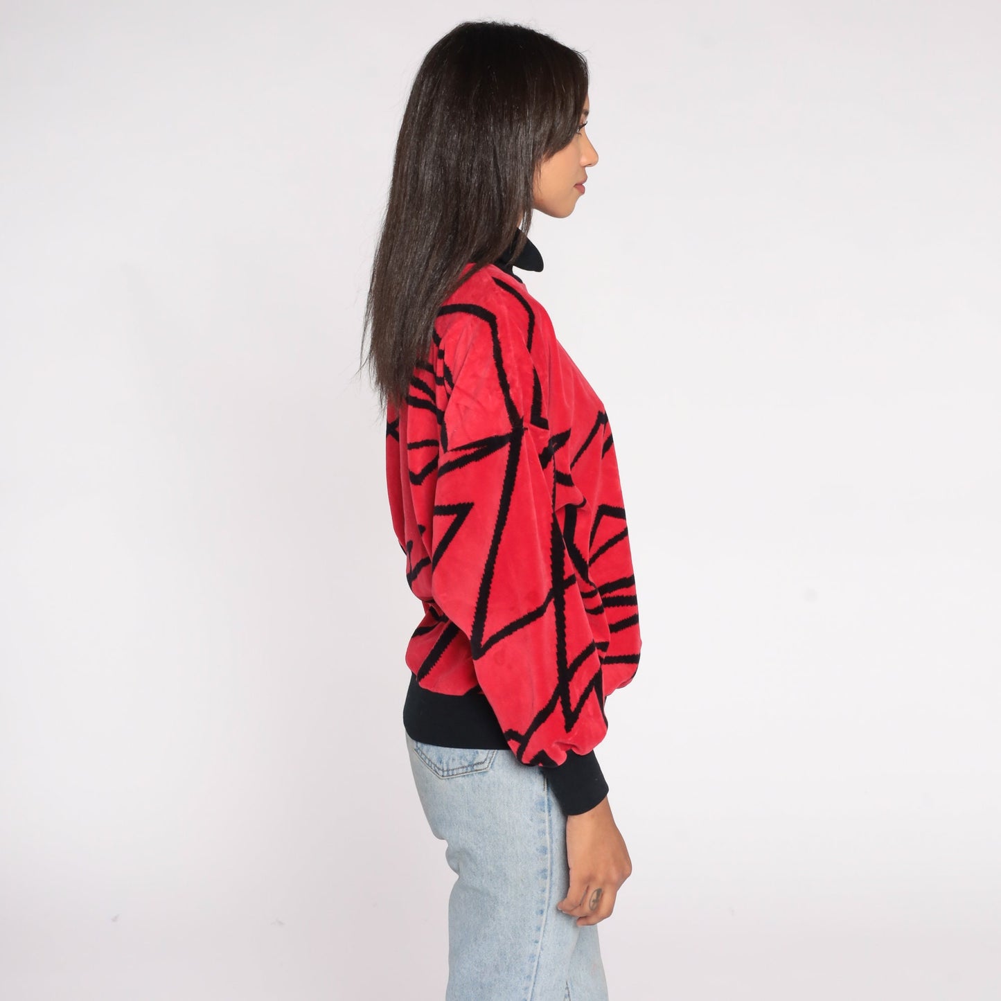 80s Red Velour Mock Neck Sweatshirt Geometric Print Pullover Medium