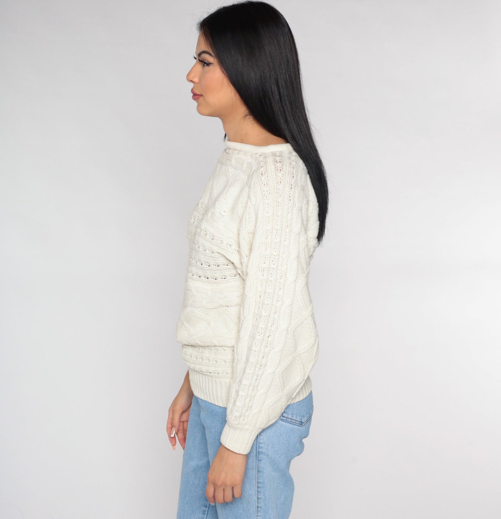 90s White Cable Knit Pointelle Pullover Sweater Small S